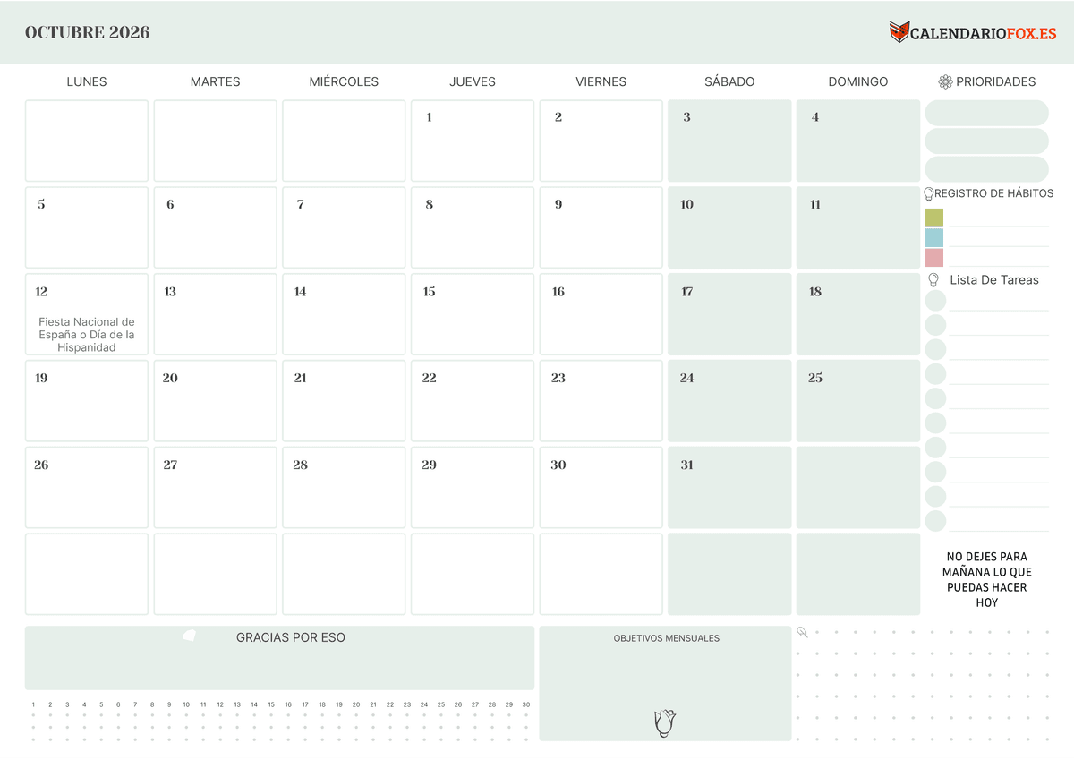 Calendario octubre 2026 Con To Do List