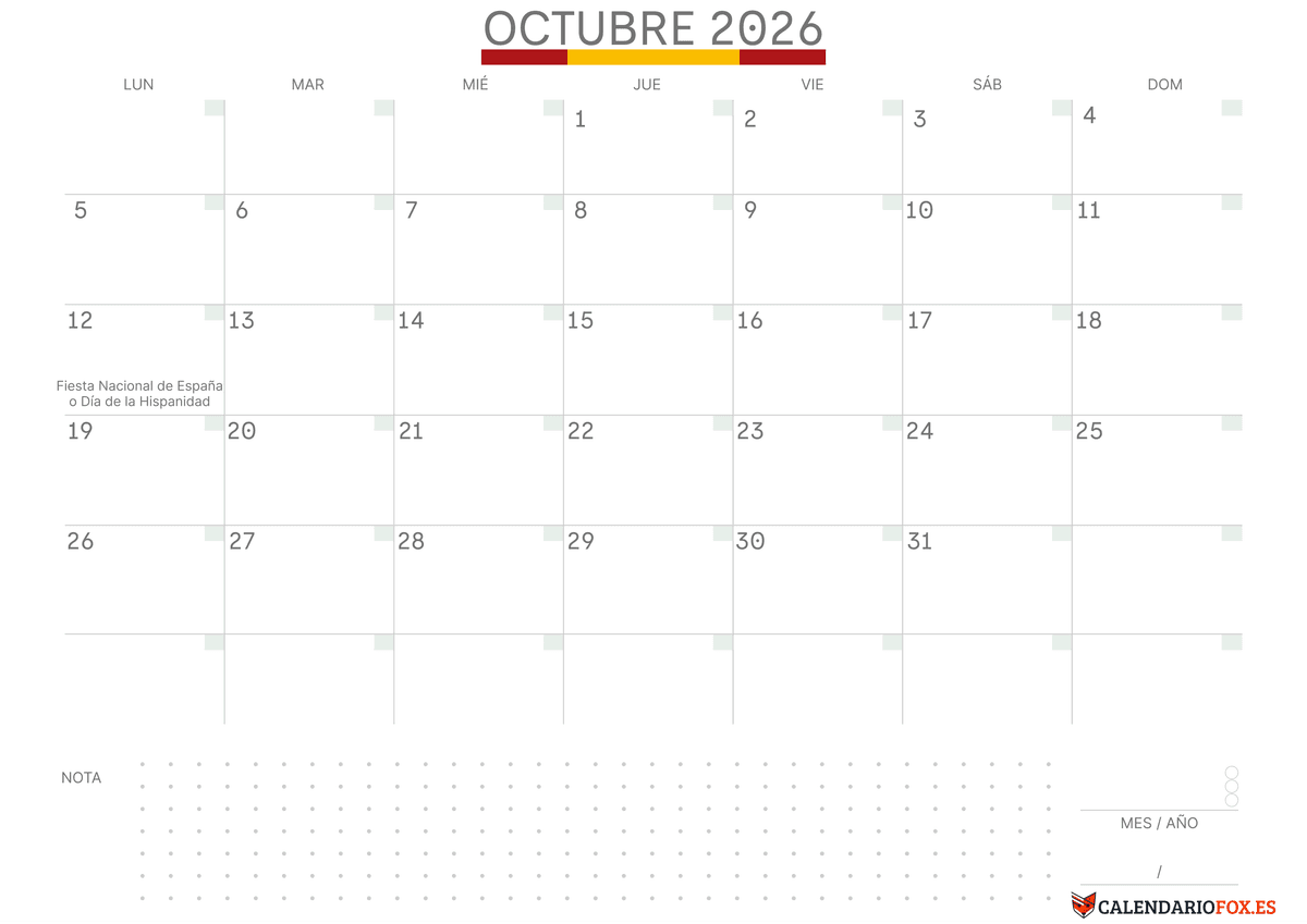 Calendario octubre Con Notas