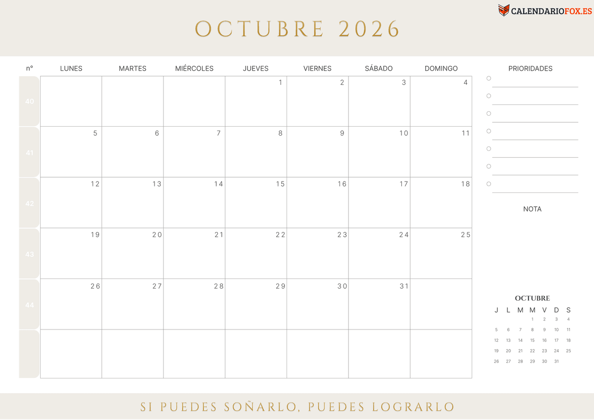 Calendario octubre 2026 con Numero de Semana