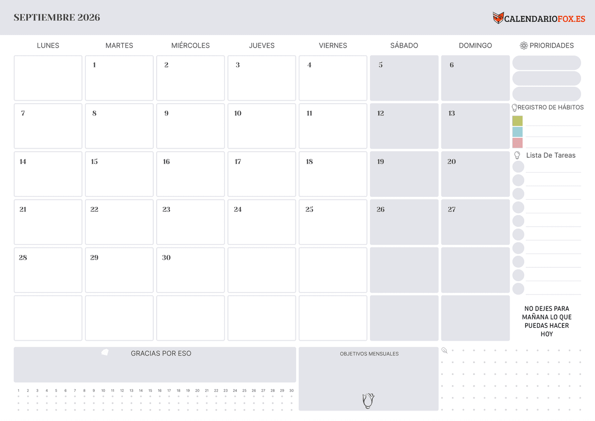 Calendario septiembre con Festivos