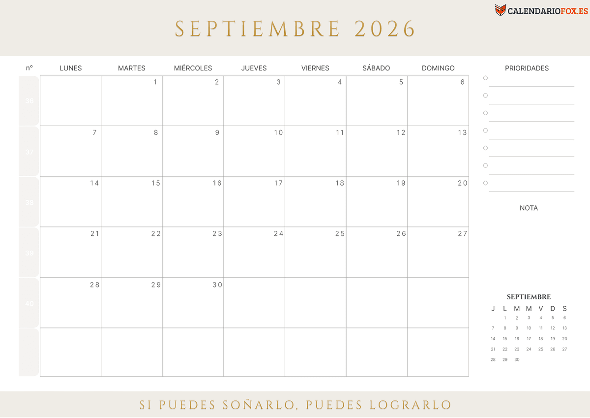 Calendario septiembre 2026 con Numero de Semana
