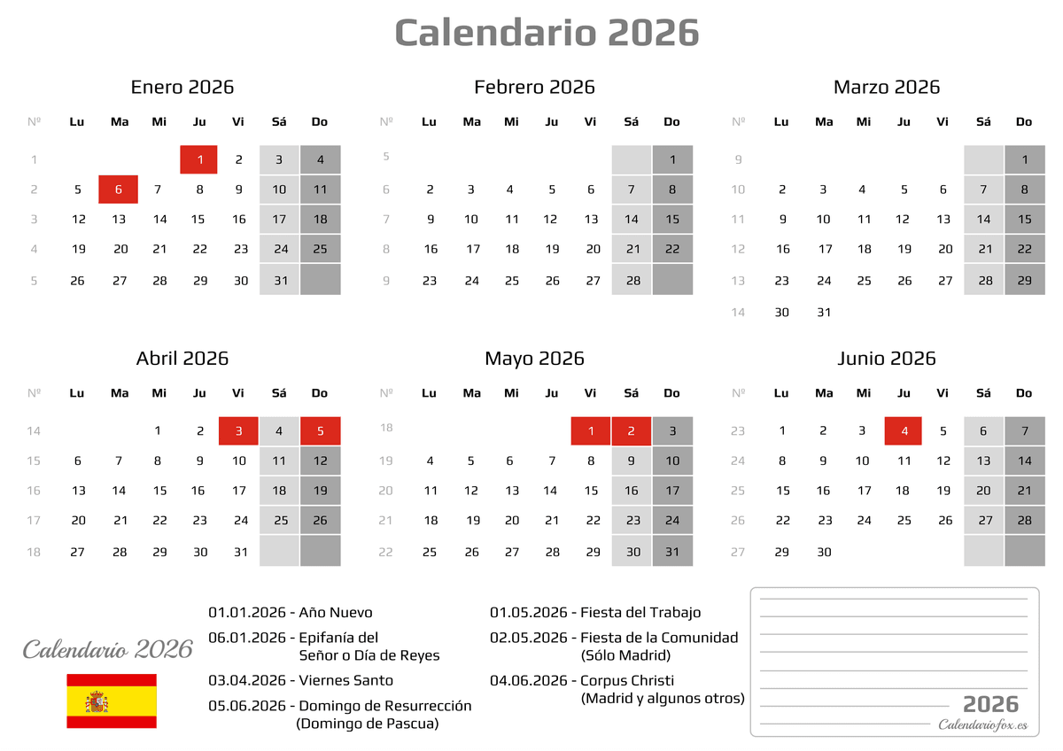 Calendario de seis meses con festivos