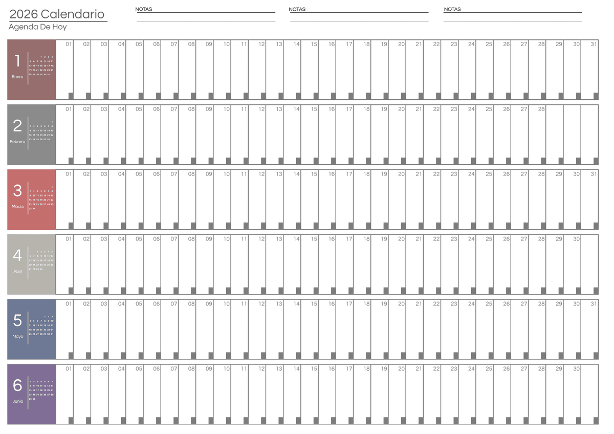 Calendario del primer semestre colorido con notas