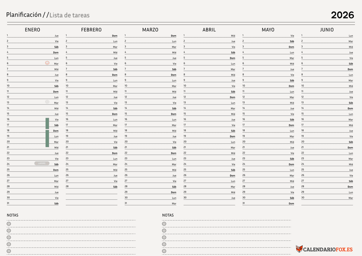 Calendario minimalista de seis meses crema