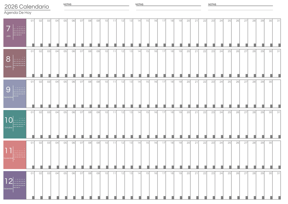 Calendario del segundo semestre colorido con notas