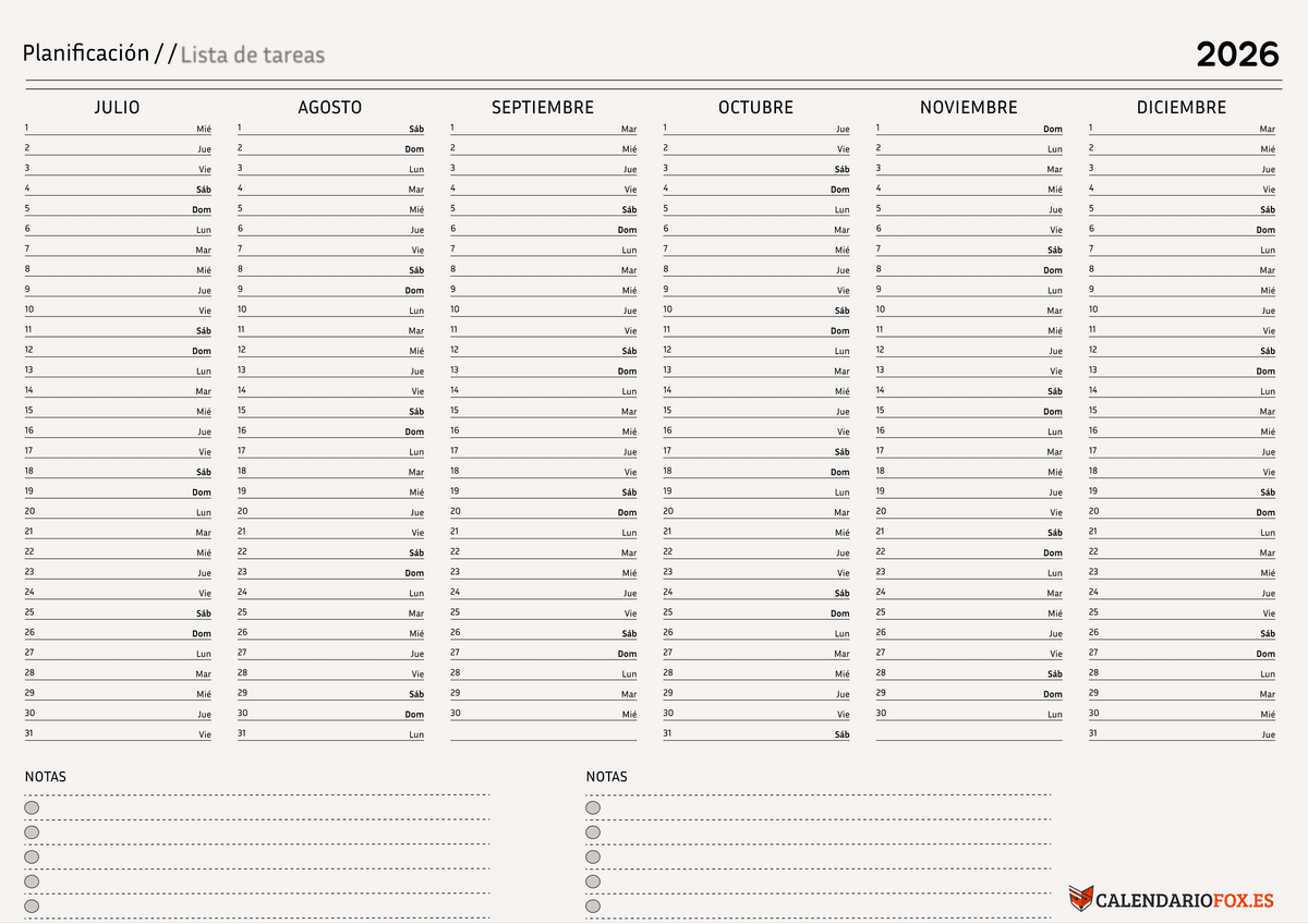 Calendario minimalista crema - Julio a diciembre