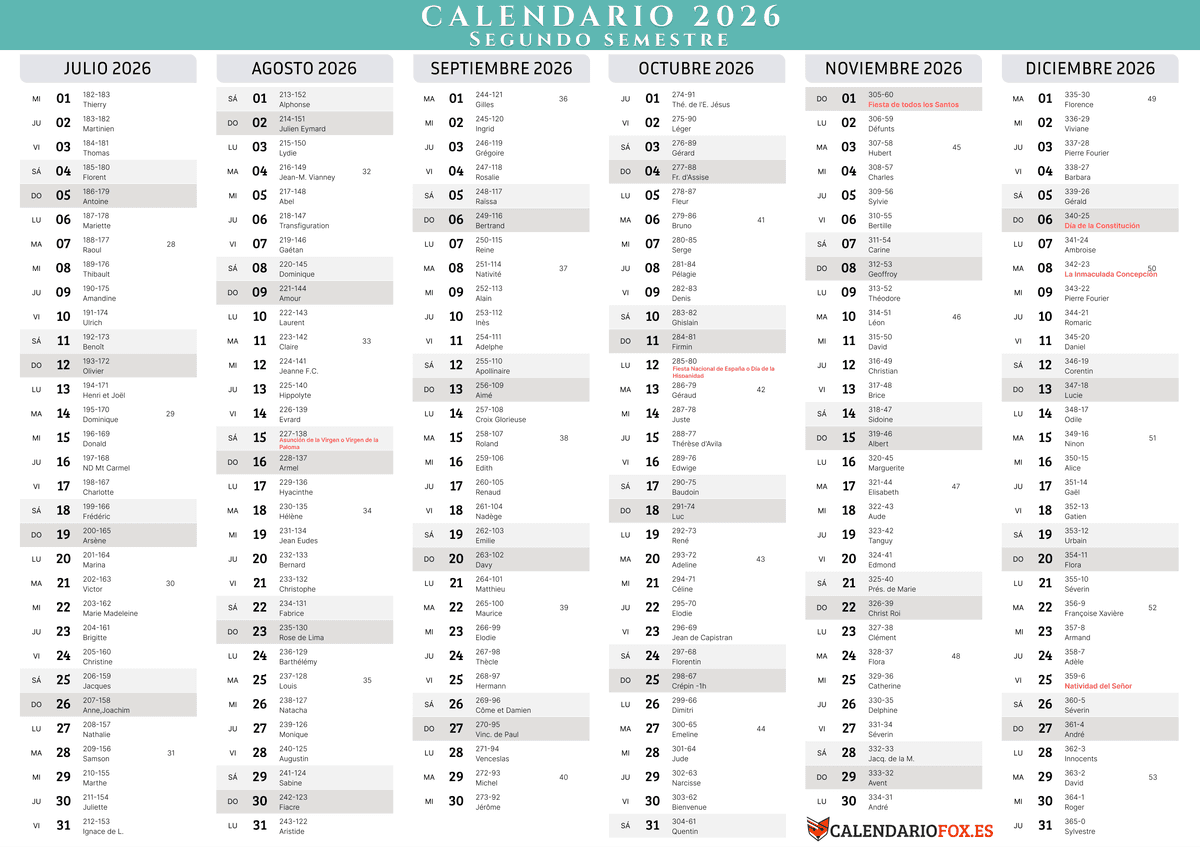 Calendario color tosca - Julio a diciembre