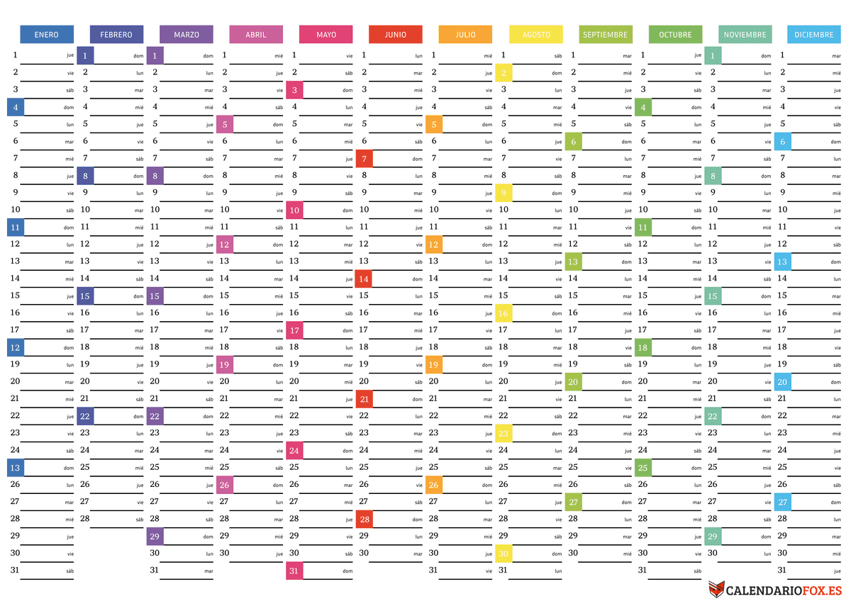 Planificador anual arcoíris