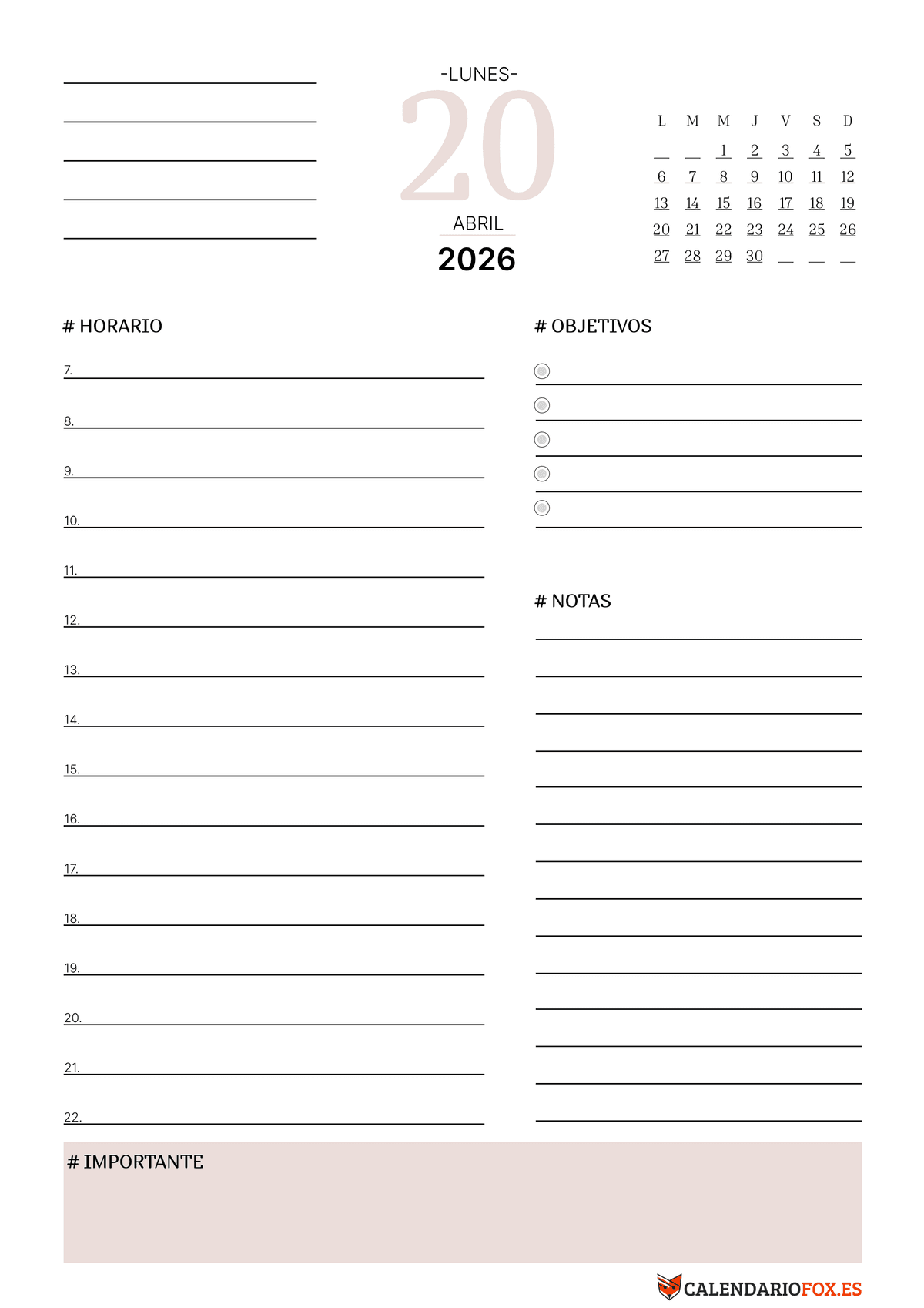 Planificador Diario de Horarios - Tema rosa