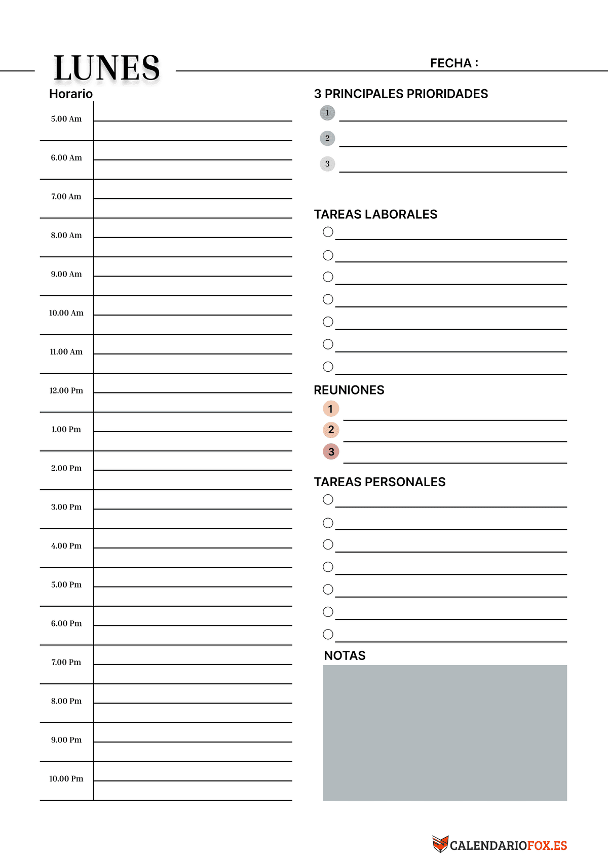 Planificador diario para horas - tema minimalista