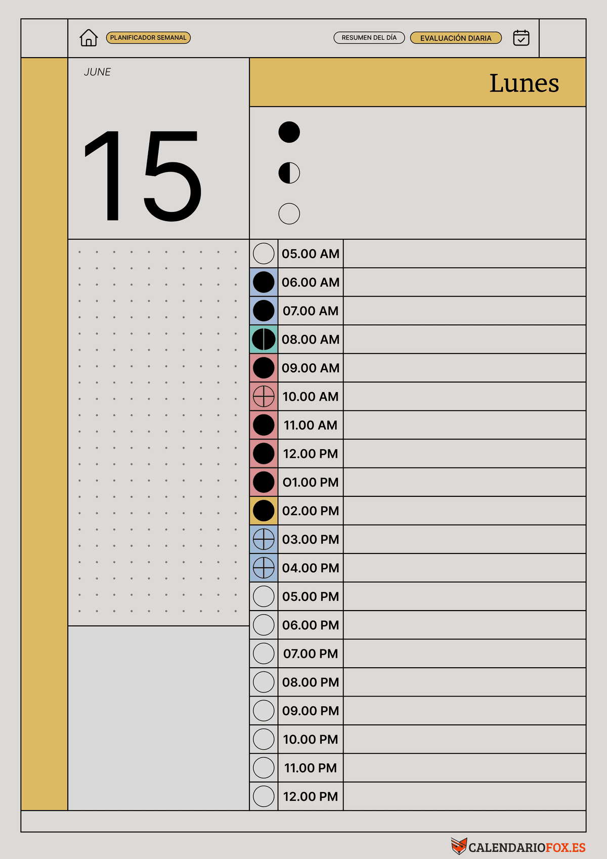 Planificador diario para horas - tema amarillo