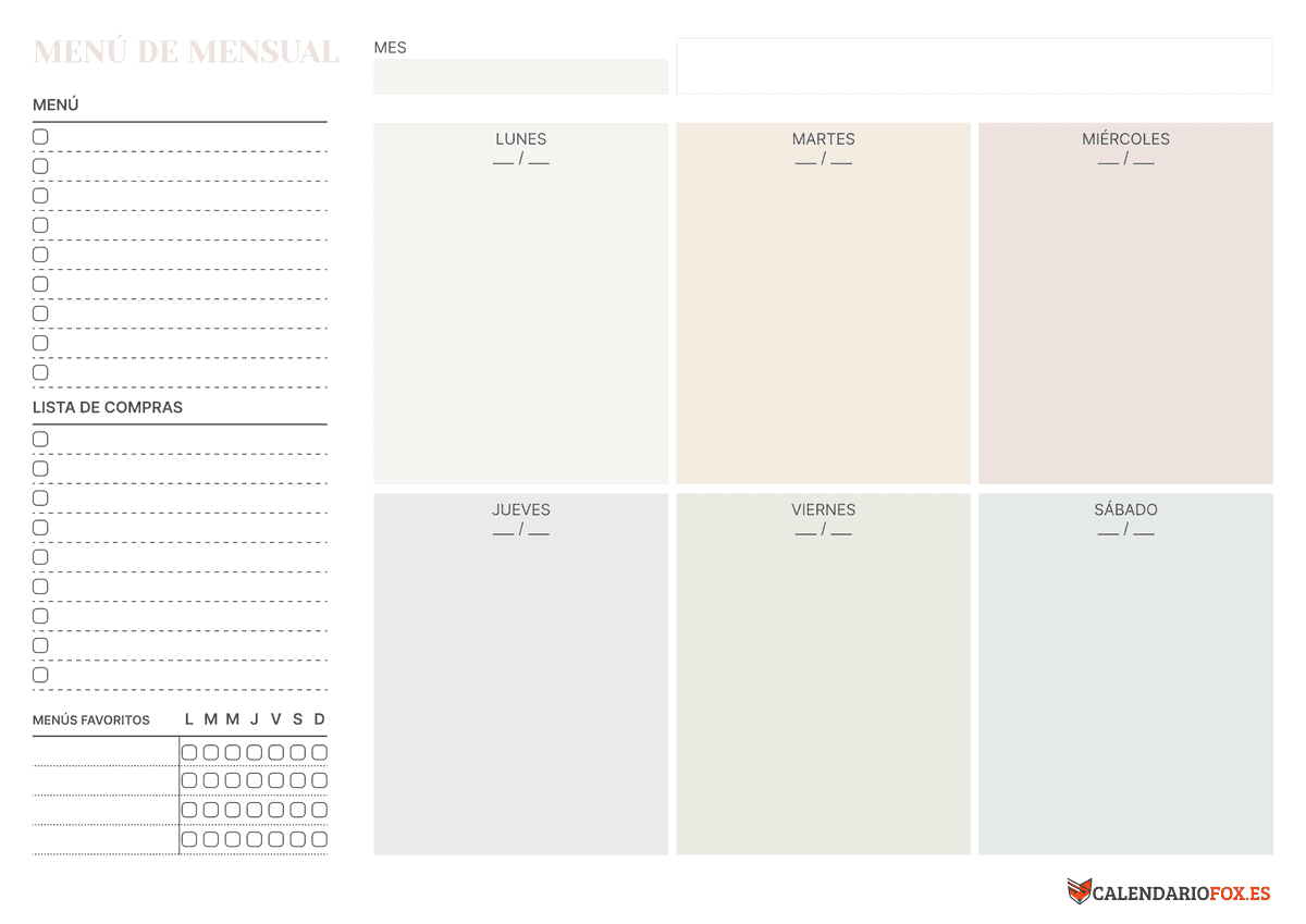 Planificador Mensual Menu 1