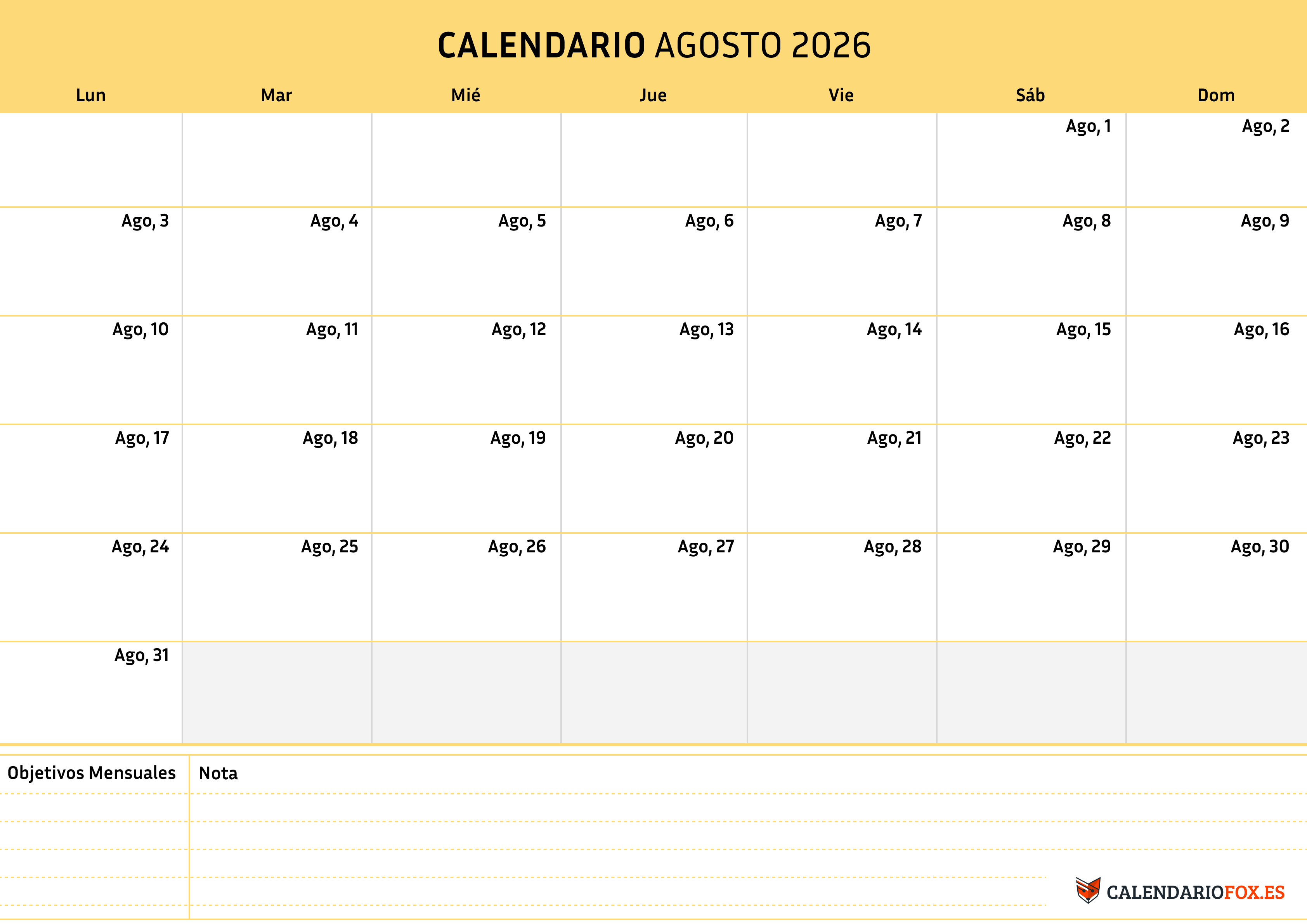 Calendario Agosto 2026