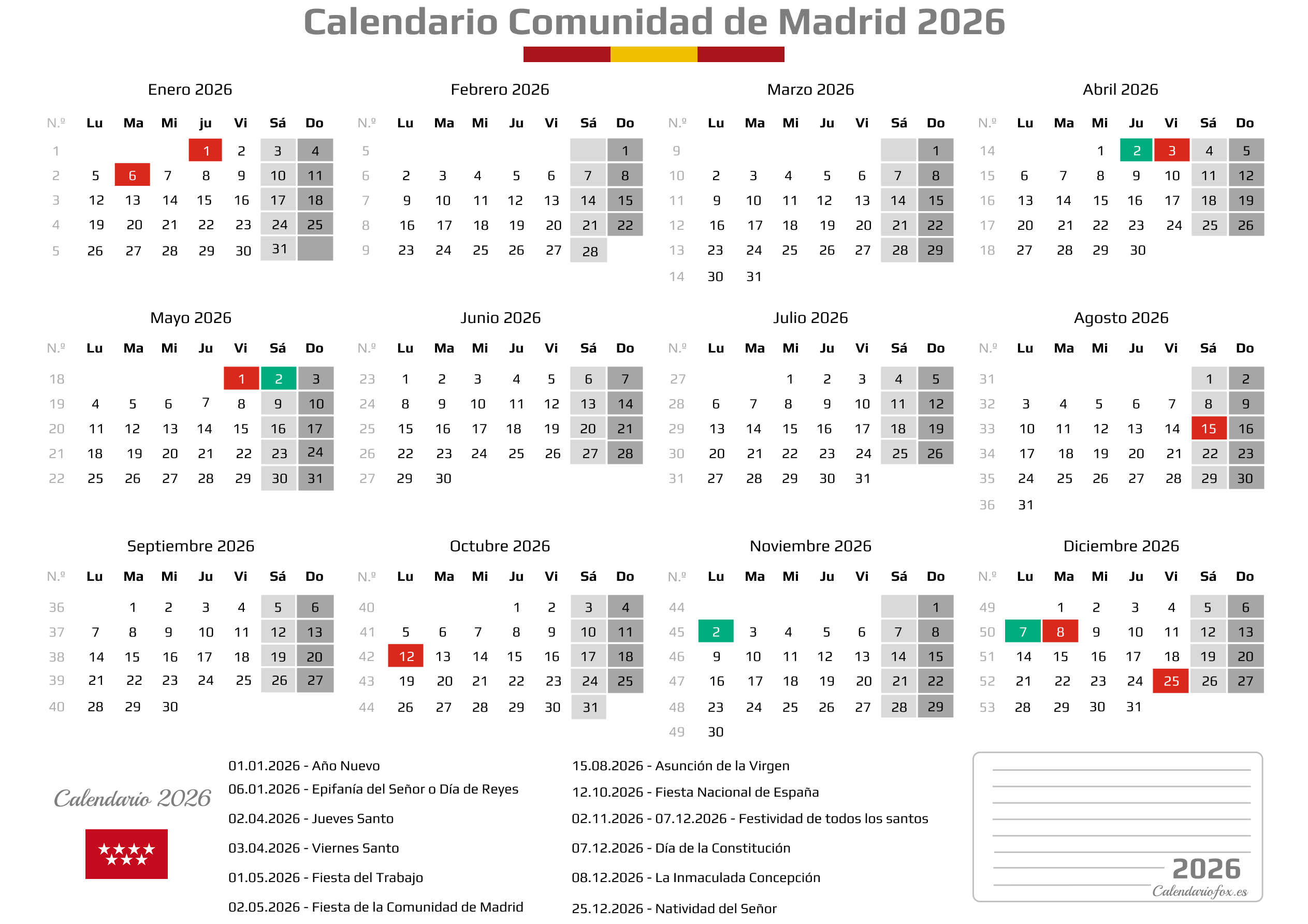 Calendario Laboral Comunidad de Madrid 2026 para Imprimir PDF