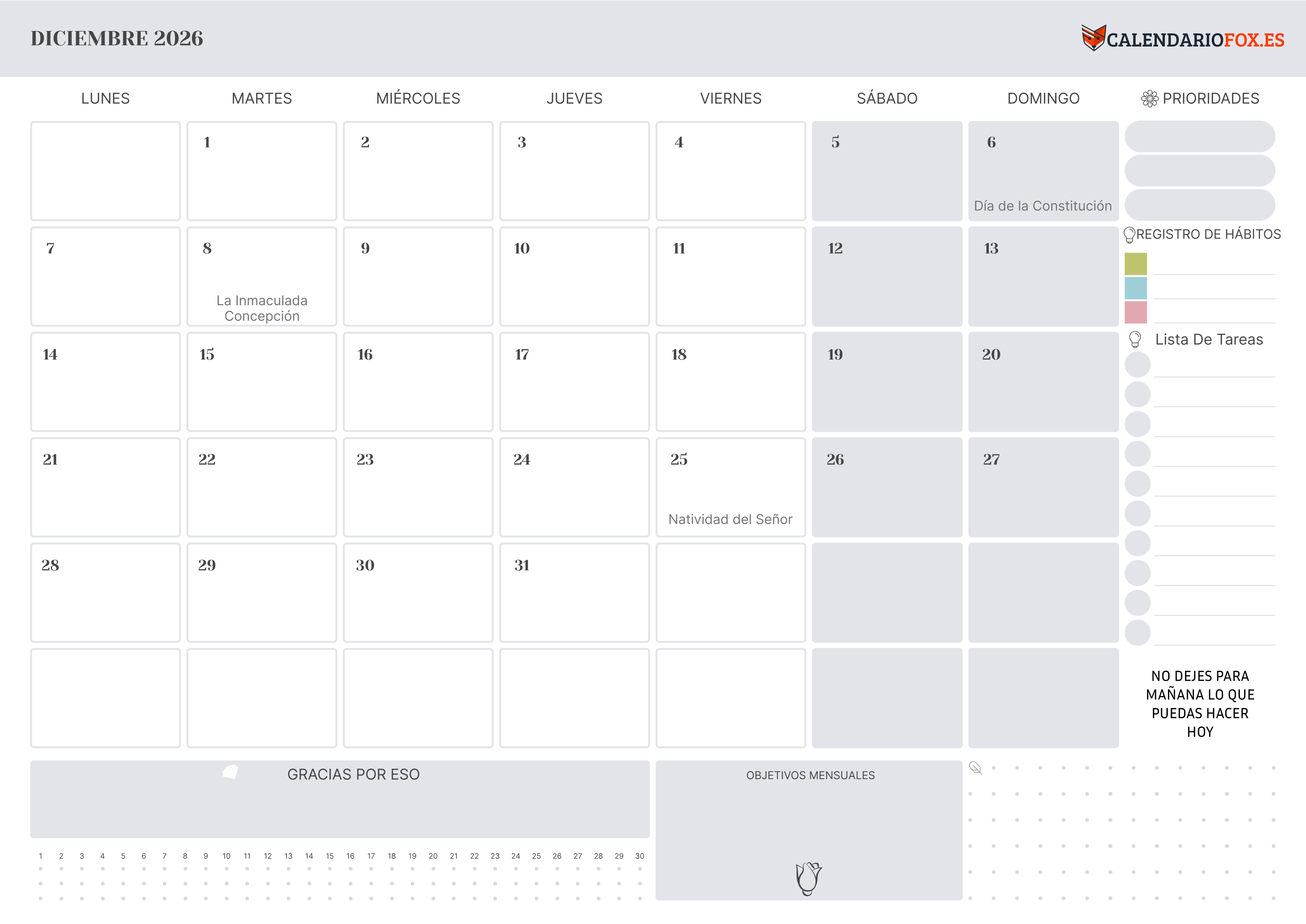 Calendario Diciembre 2026