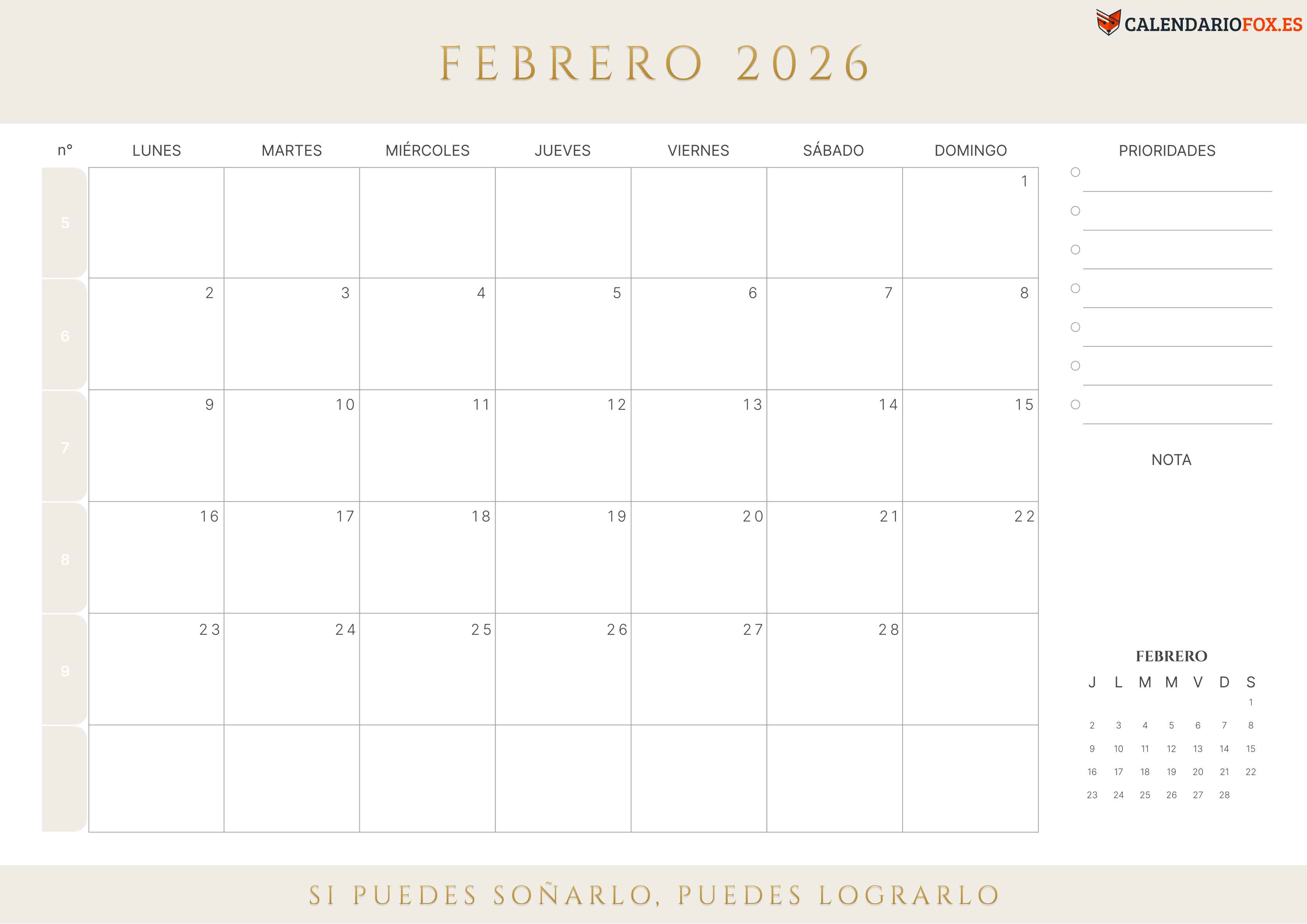 Calendario Febrero 2026