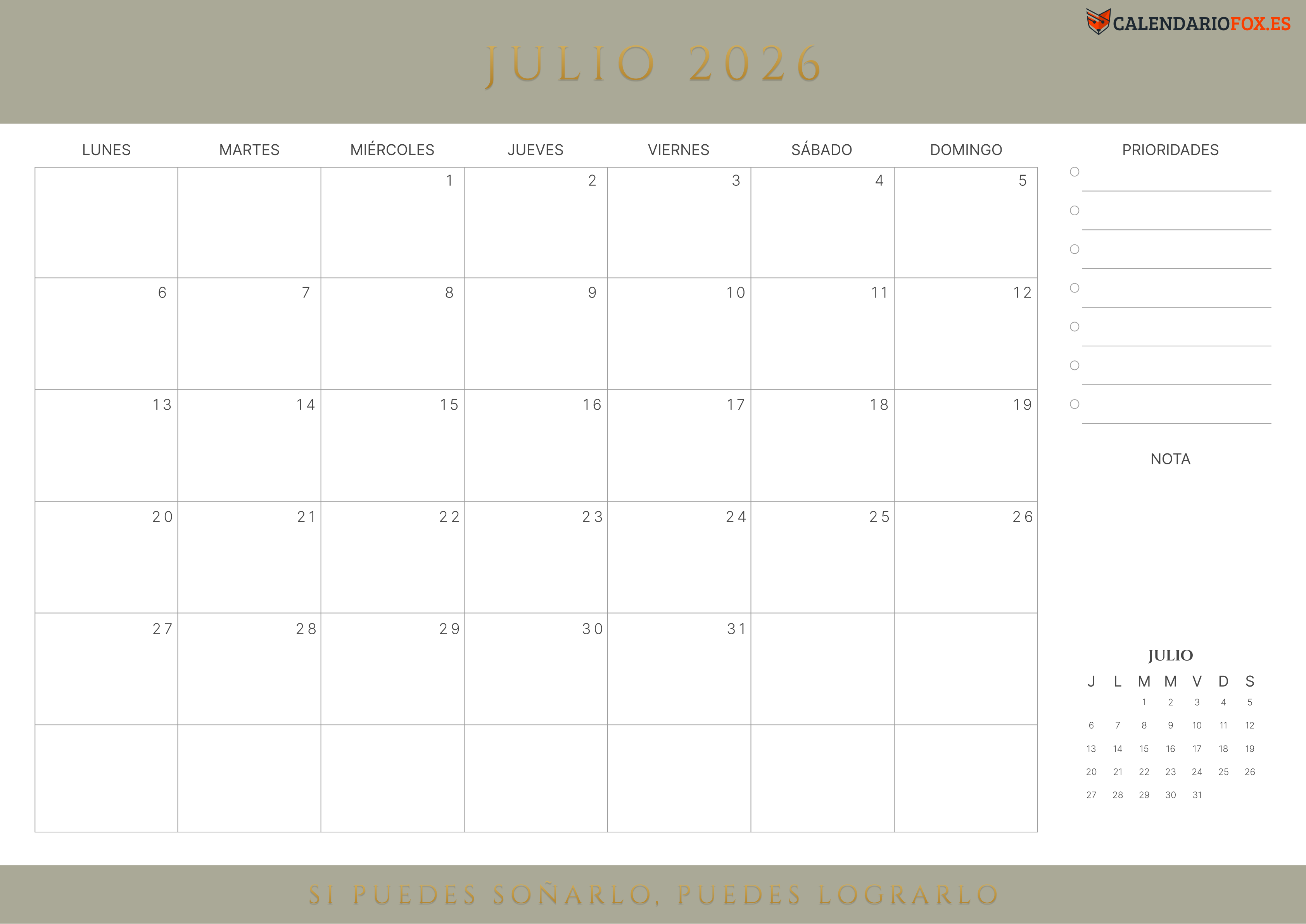 Calendario Julio 2026