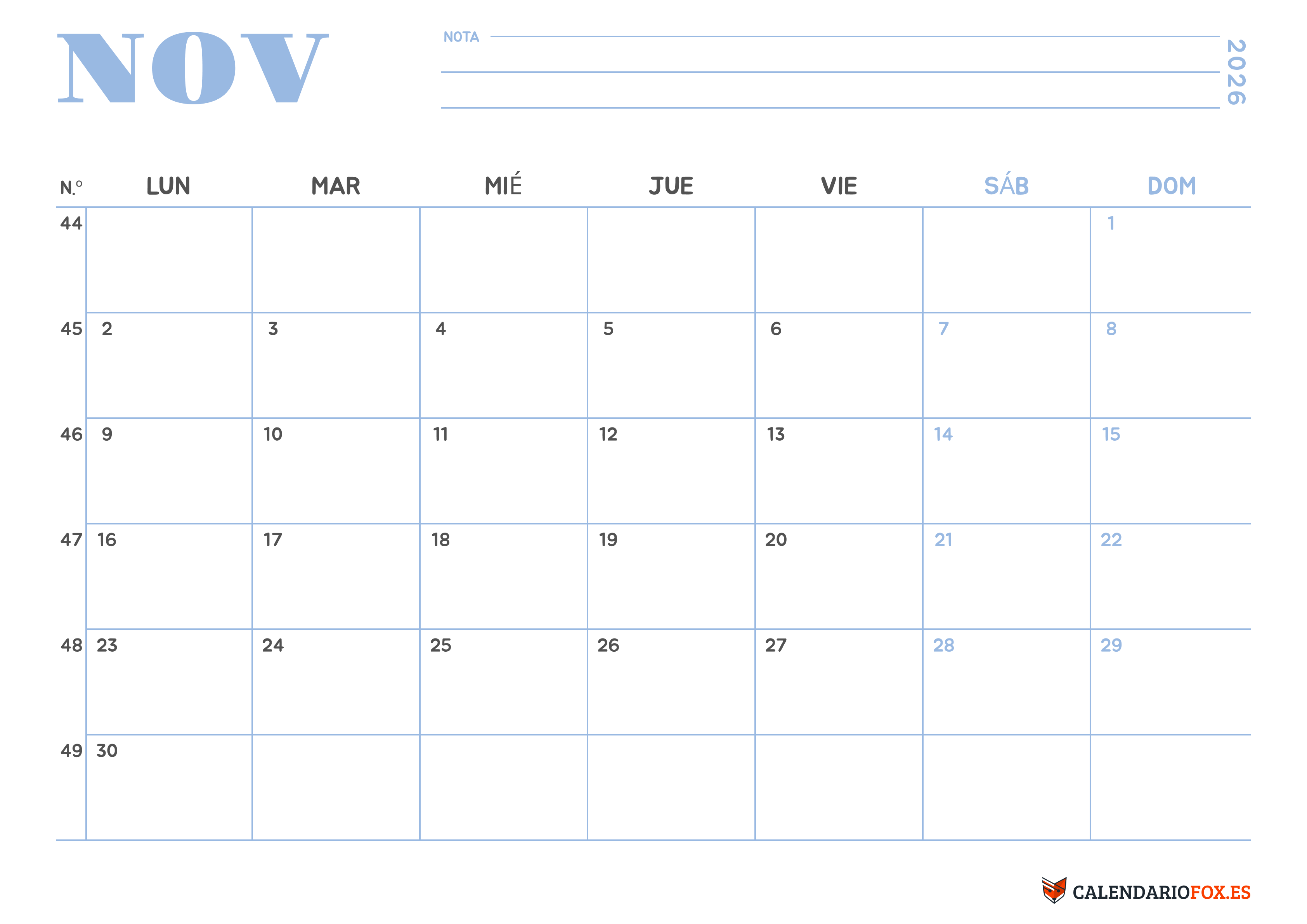 Calendario Noviembre 2026