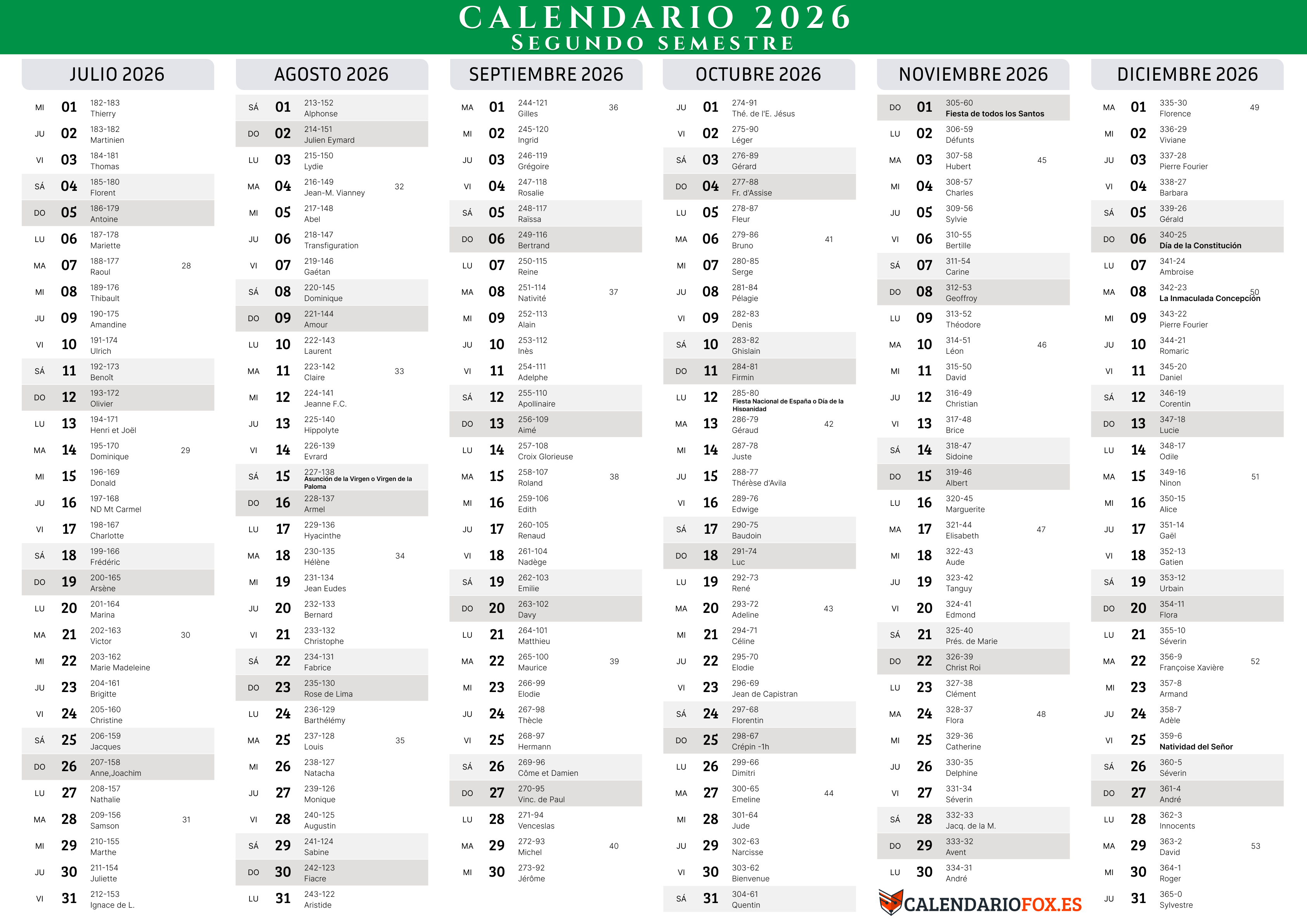 Calendario 2026 Segundo Semestre