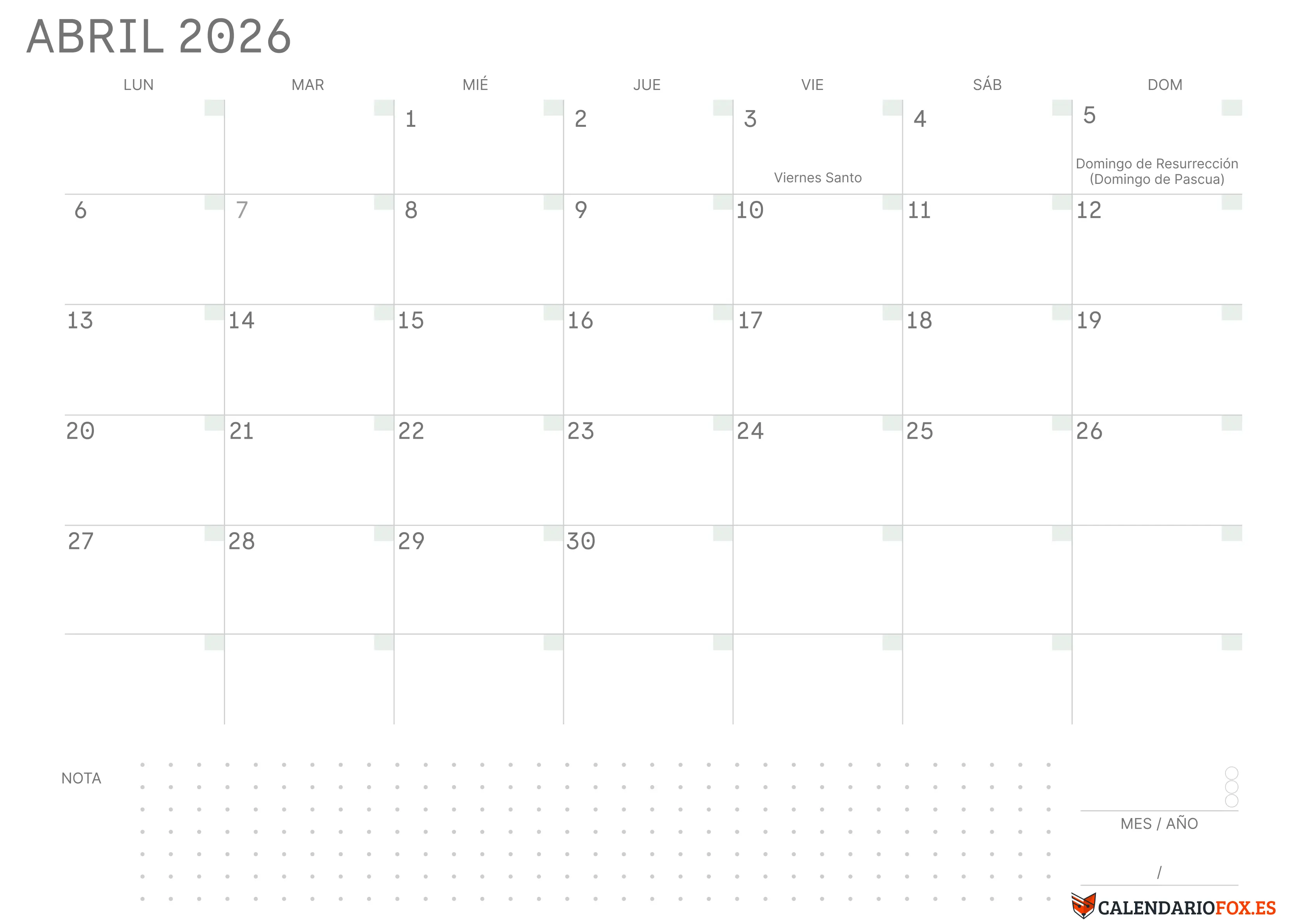 Calendario Abril 2026 en Blanco