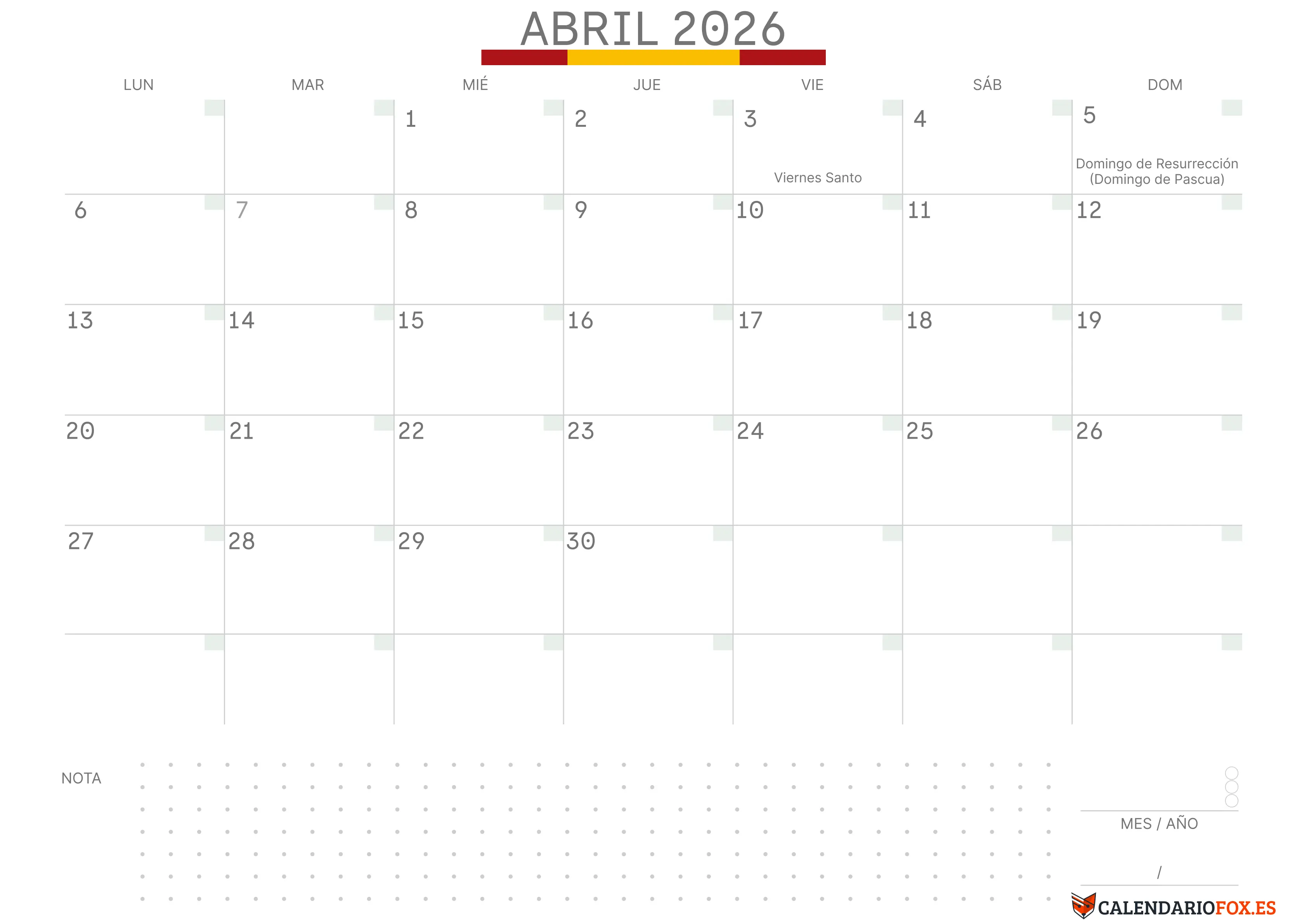 Calendario Abril 2026 con Bandera de España