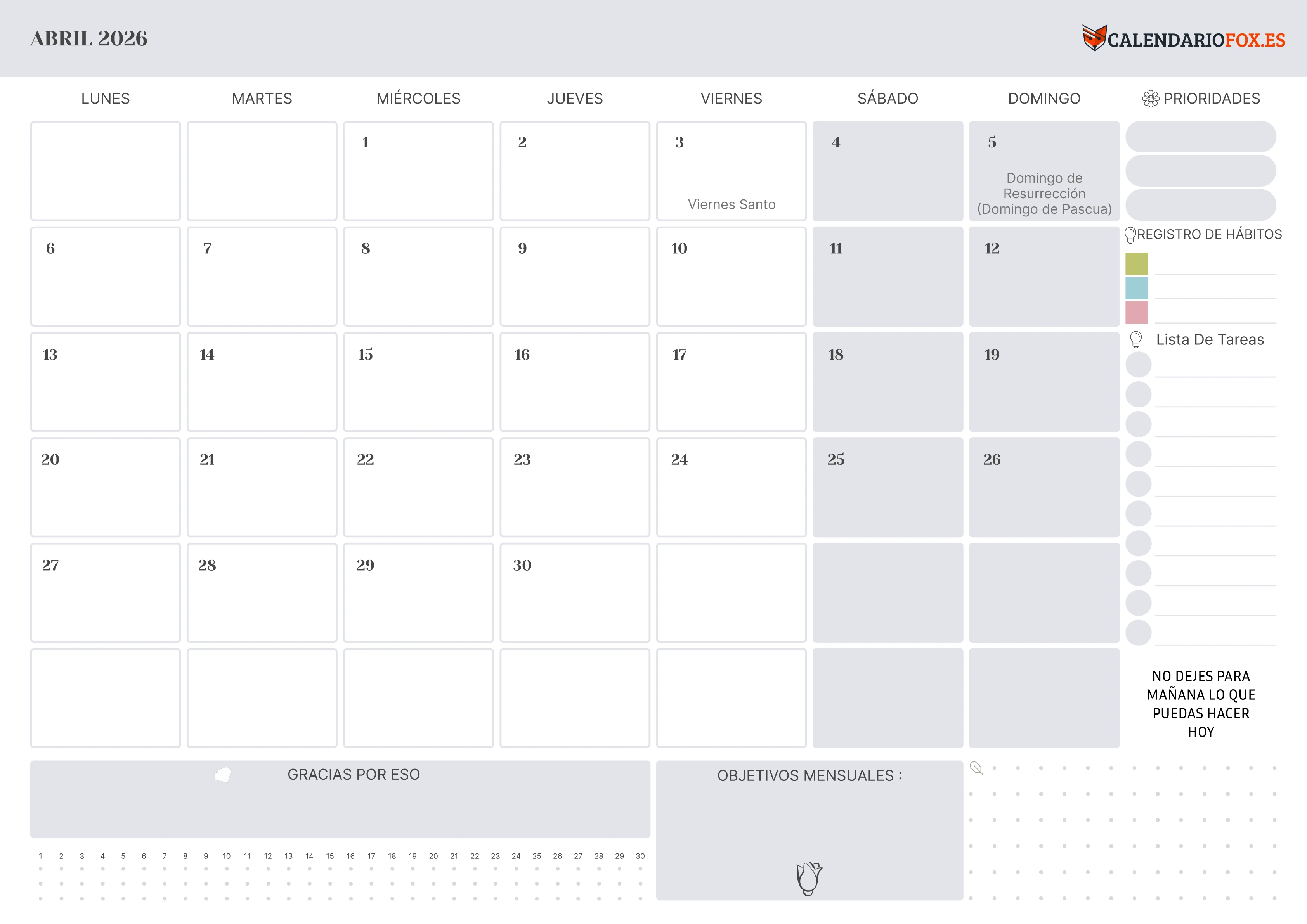 Calendario Abril 2026 con Festivos