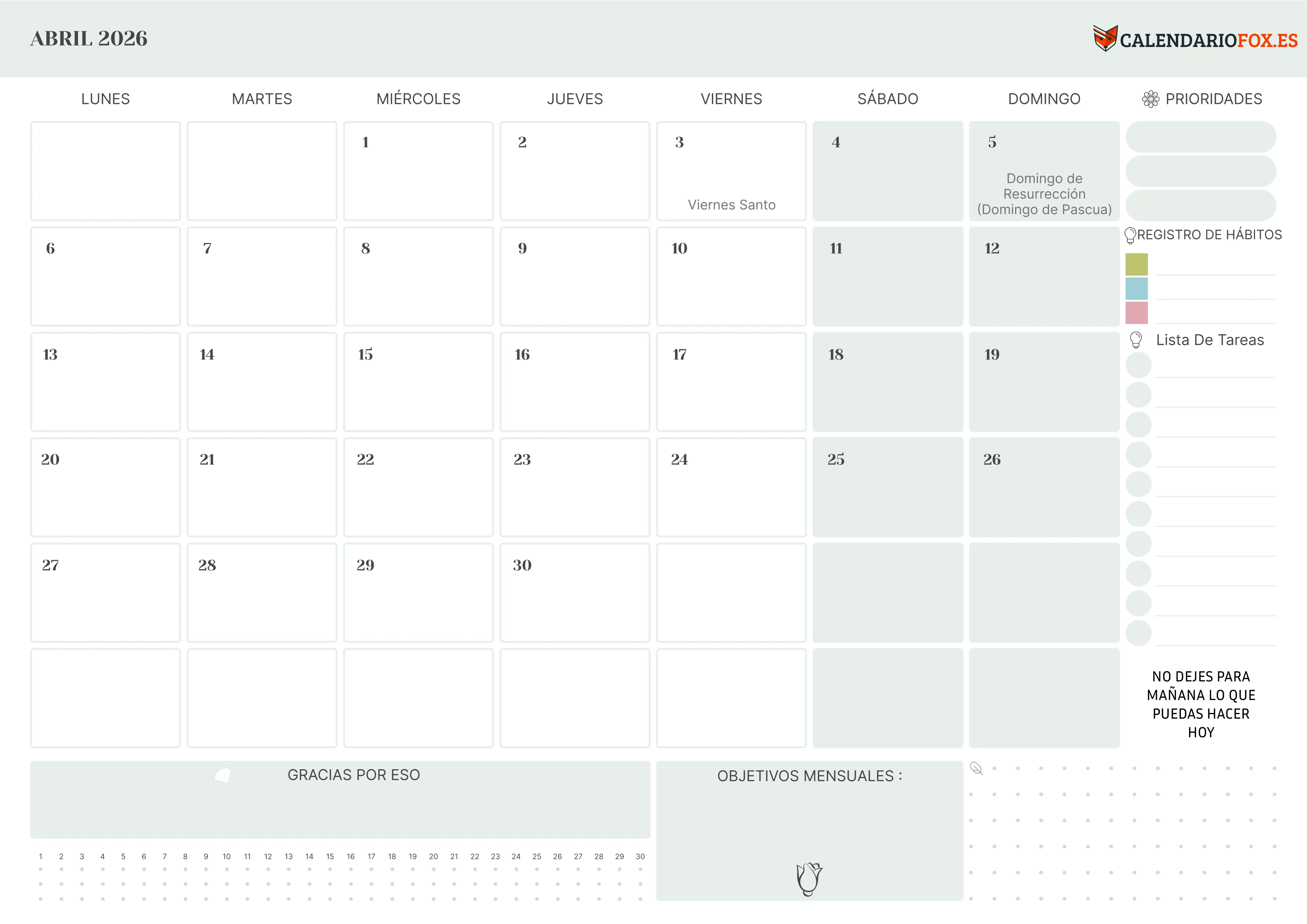 Calendario Abril 2026 con Prioridades