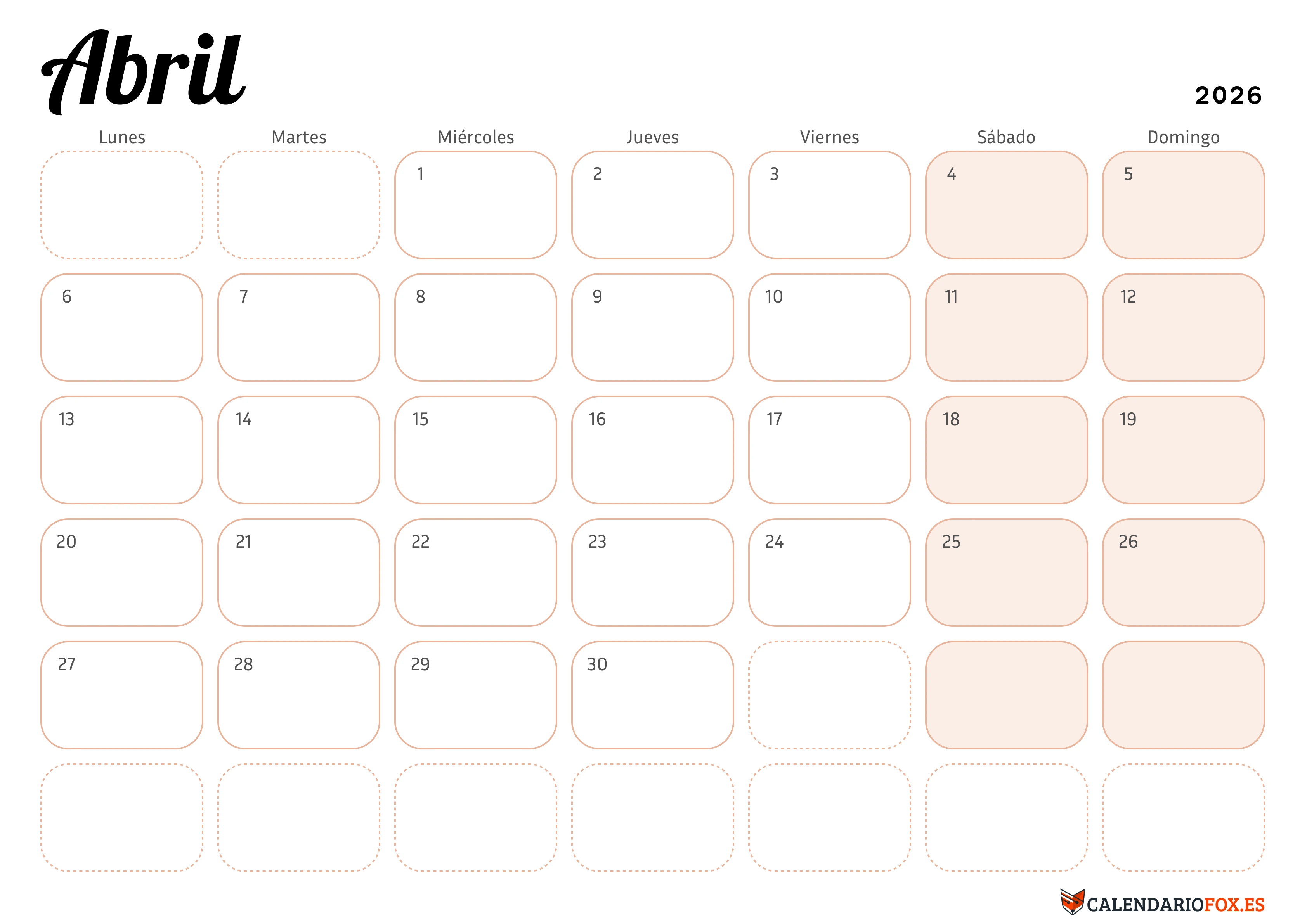 Calendario Abril 2026 Elegante