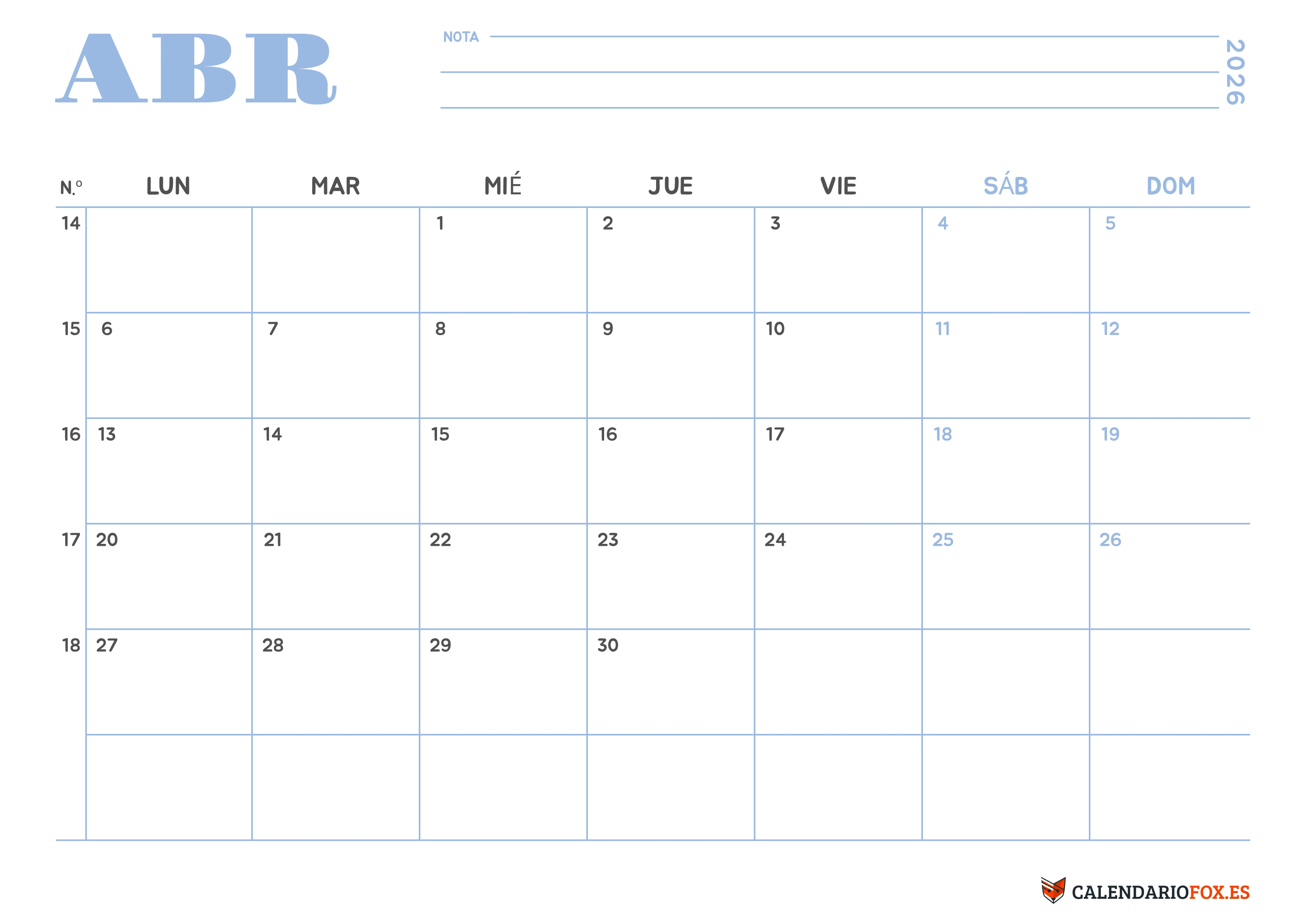 Calendario Abril 2026 Minimalista