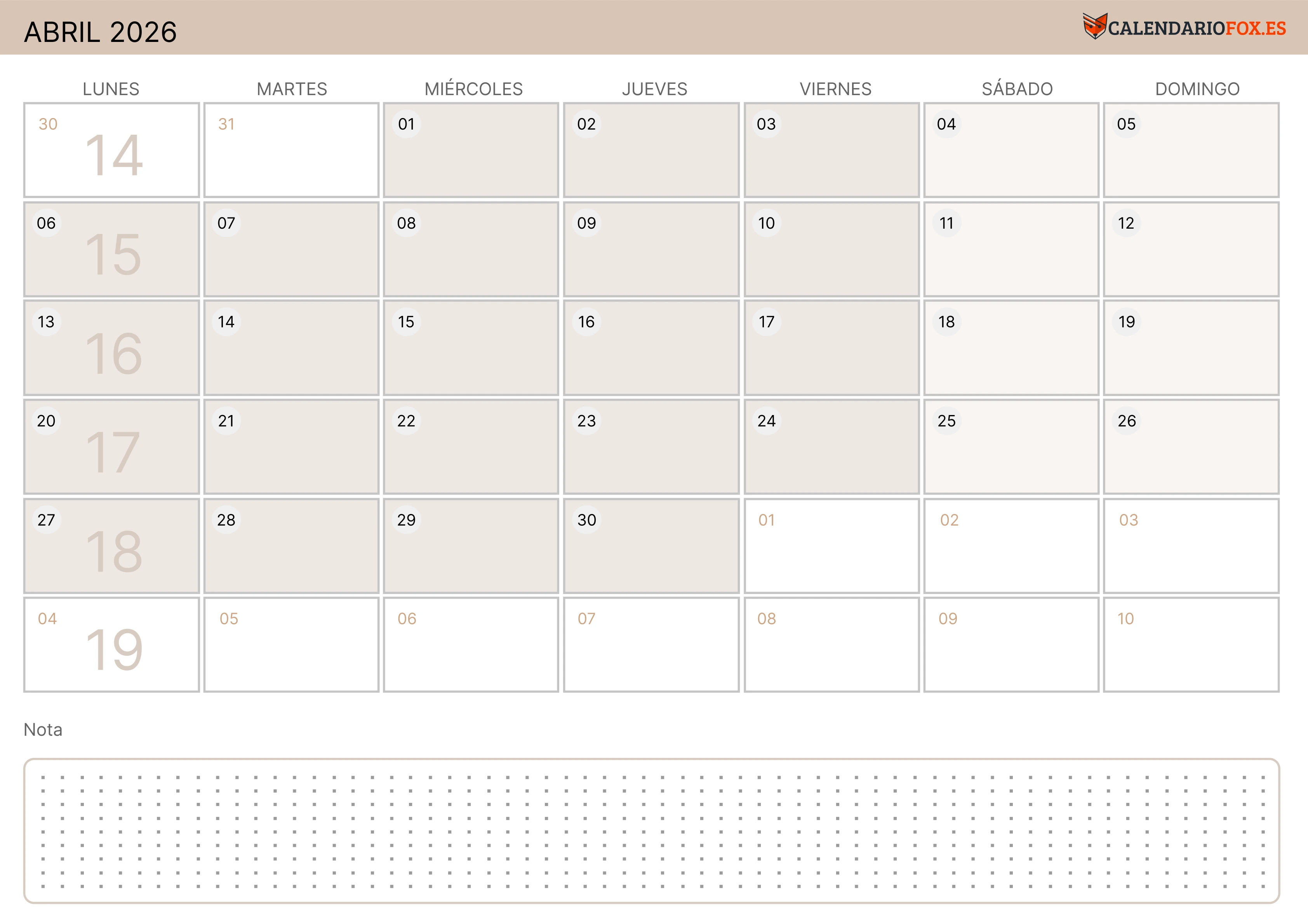 Calendario Abril 2026 Moderno