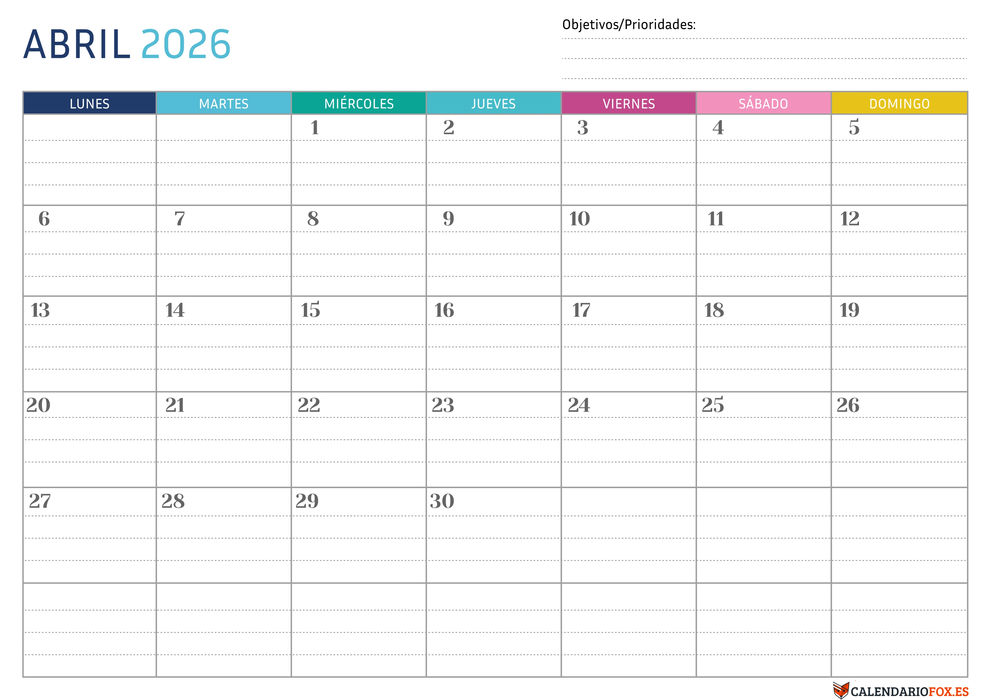 Calendario Abril 2026 Punteado