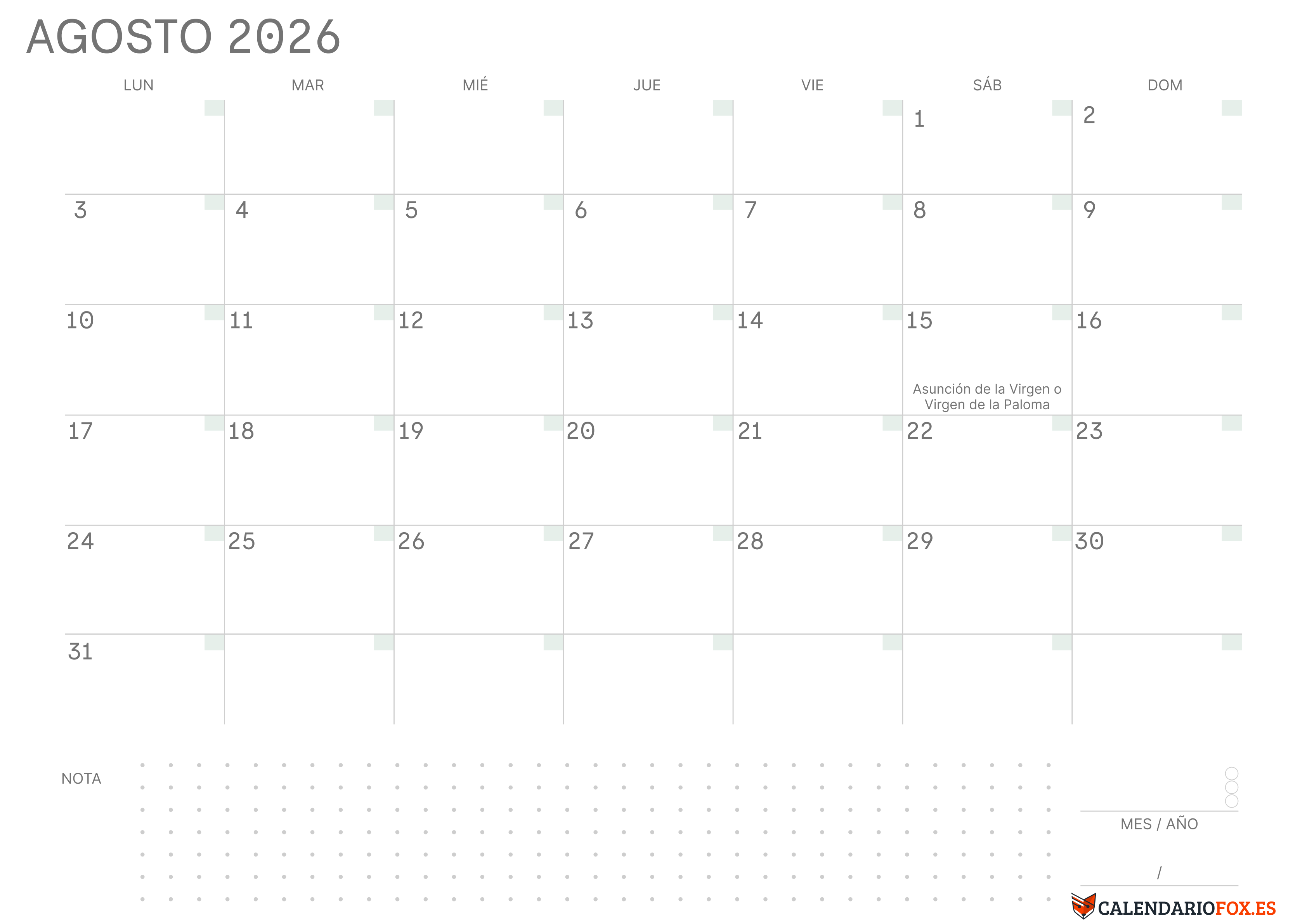 Calendario Enero 2026 en Blanco