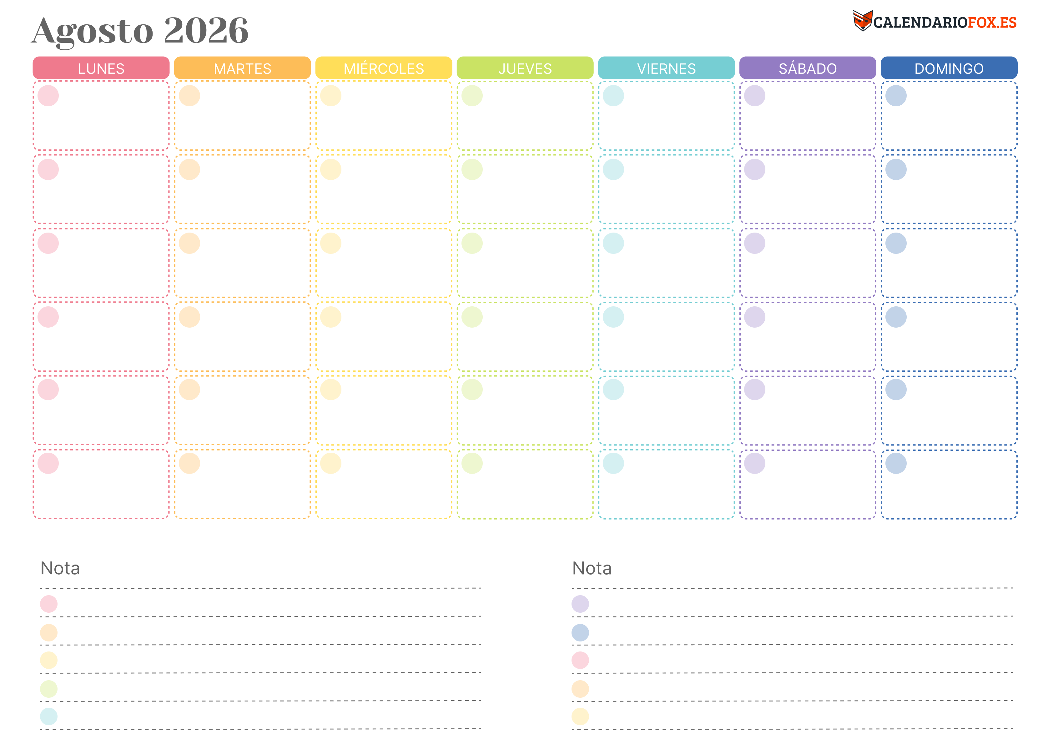 Calendario Enero 2026 Colorido