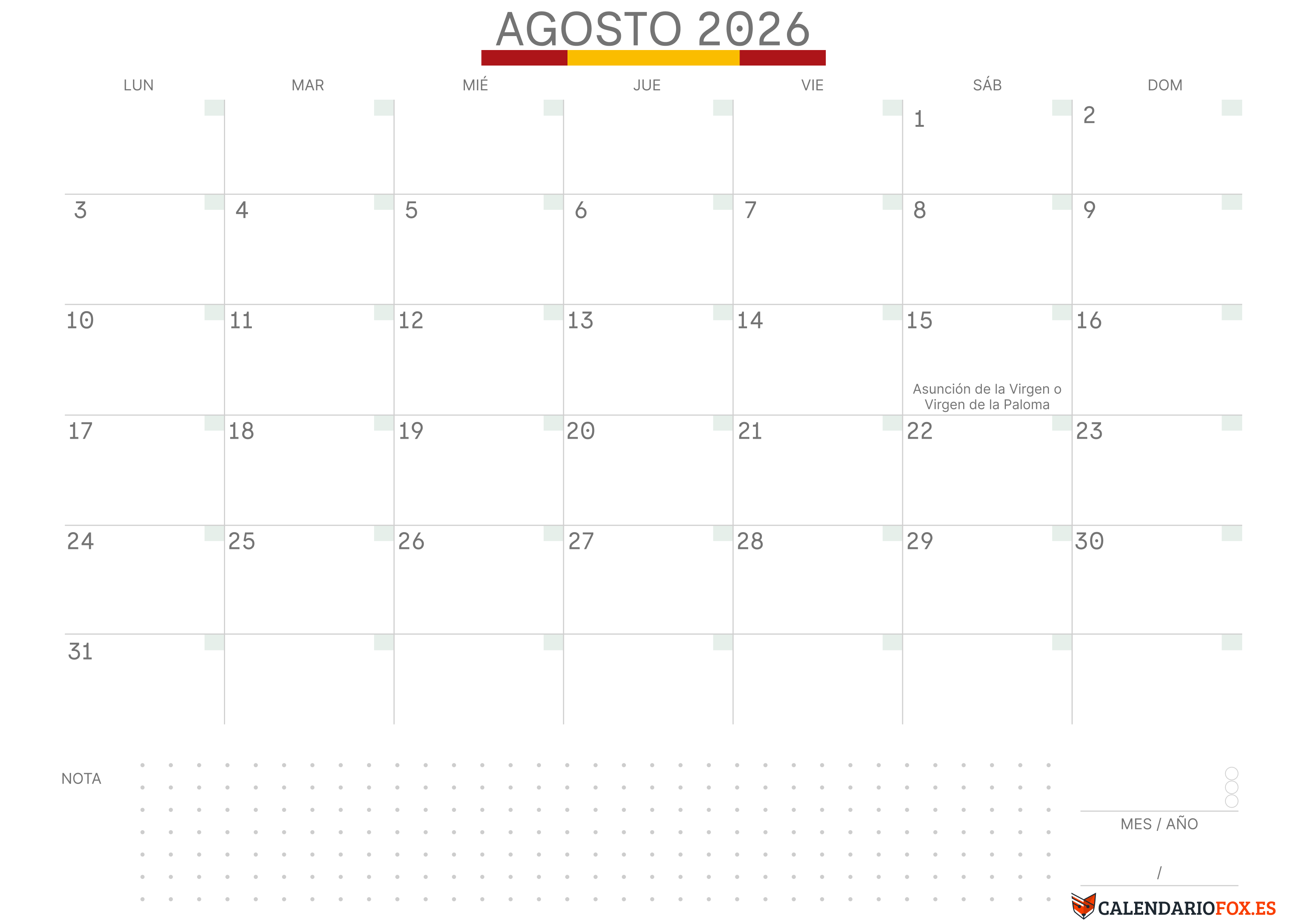 Calendario Enero 2026 con Bandera de España