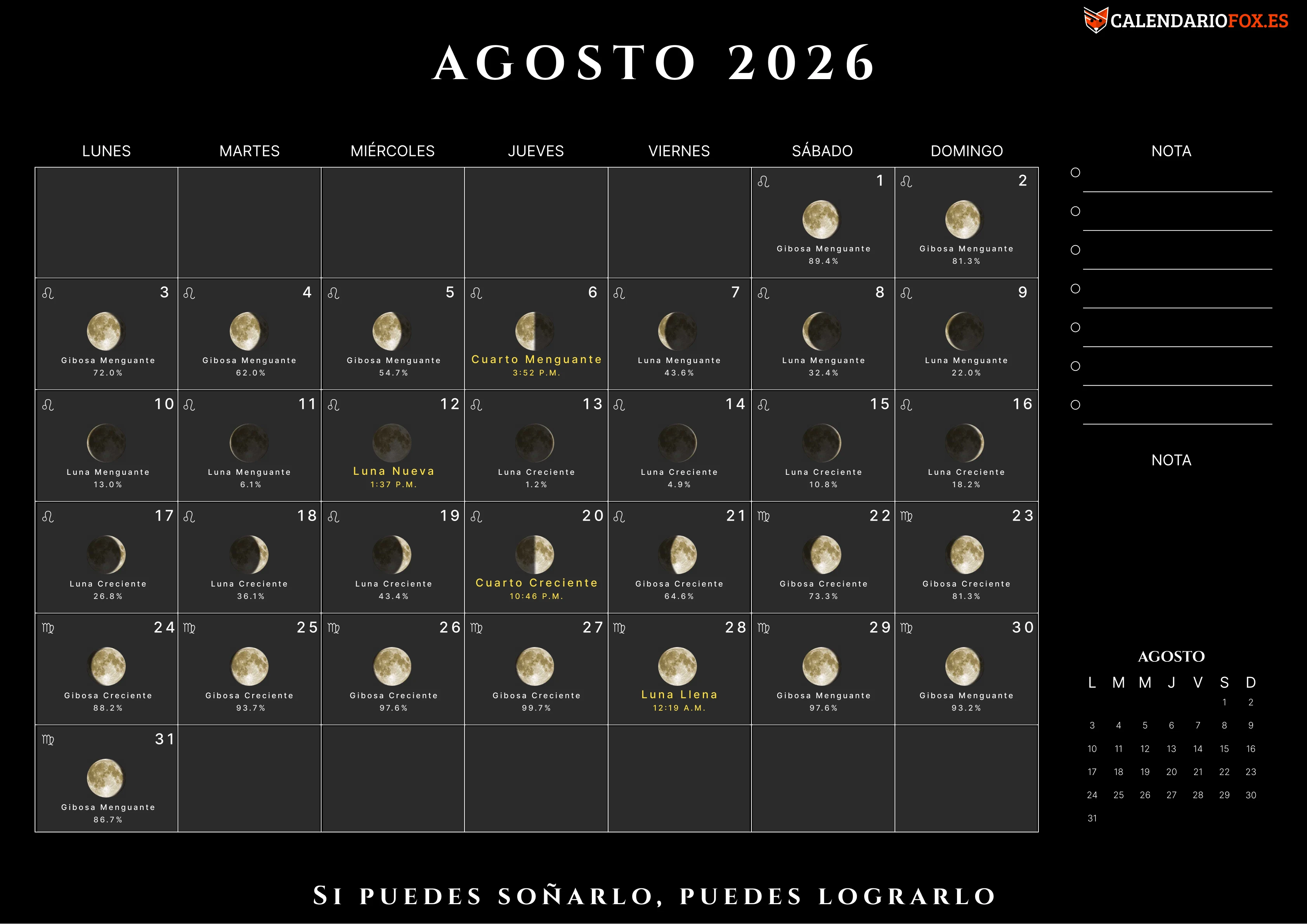 Calendario Enero 2026 con Fases Lunares