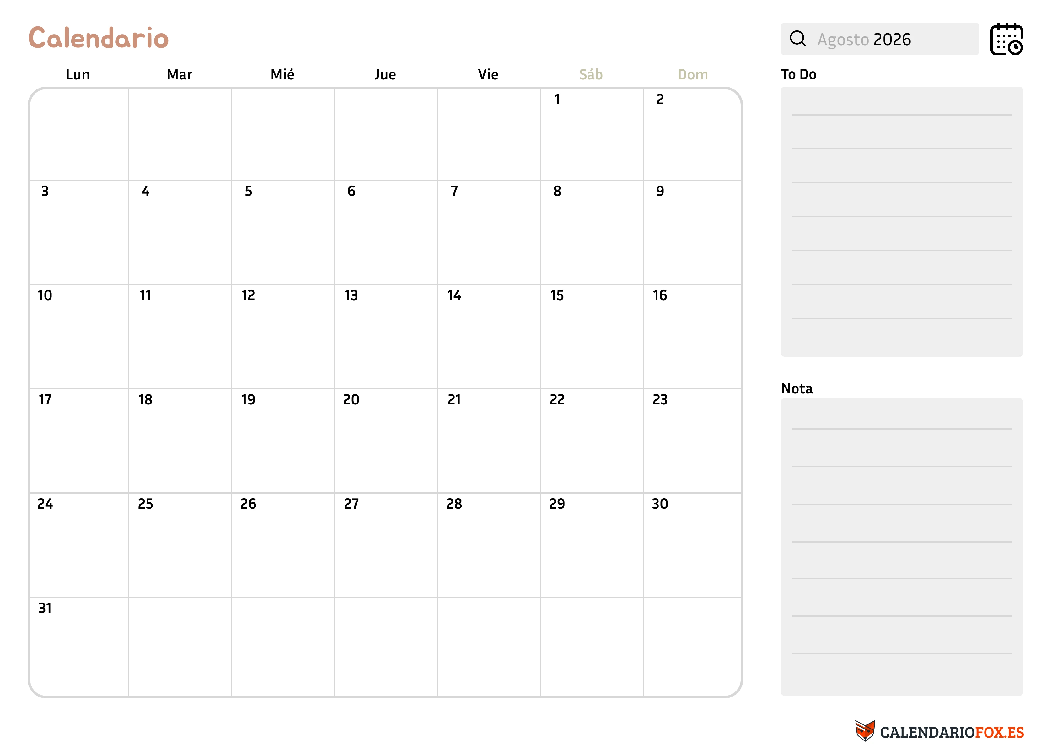 Calendario Enero 2026 con Notas