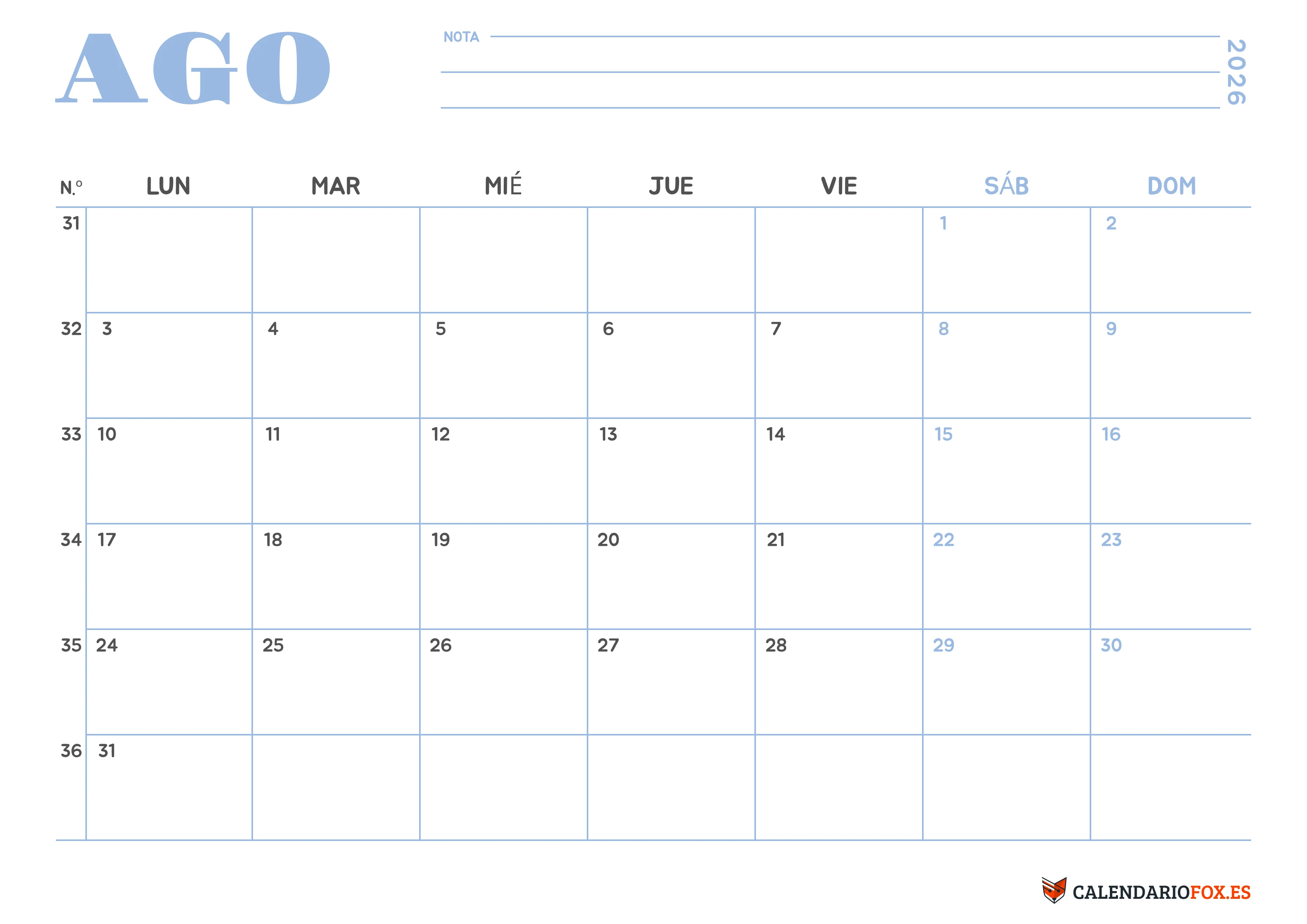 Calendario Enero 2026 Minimalista