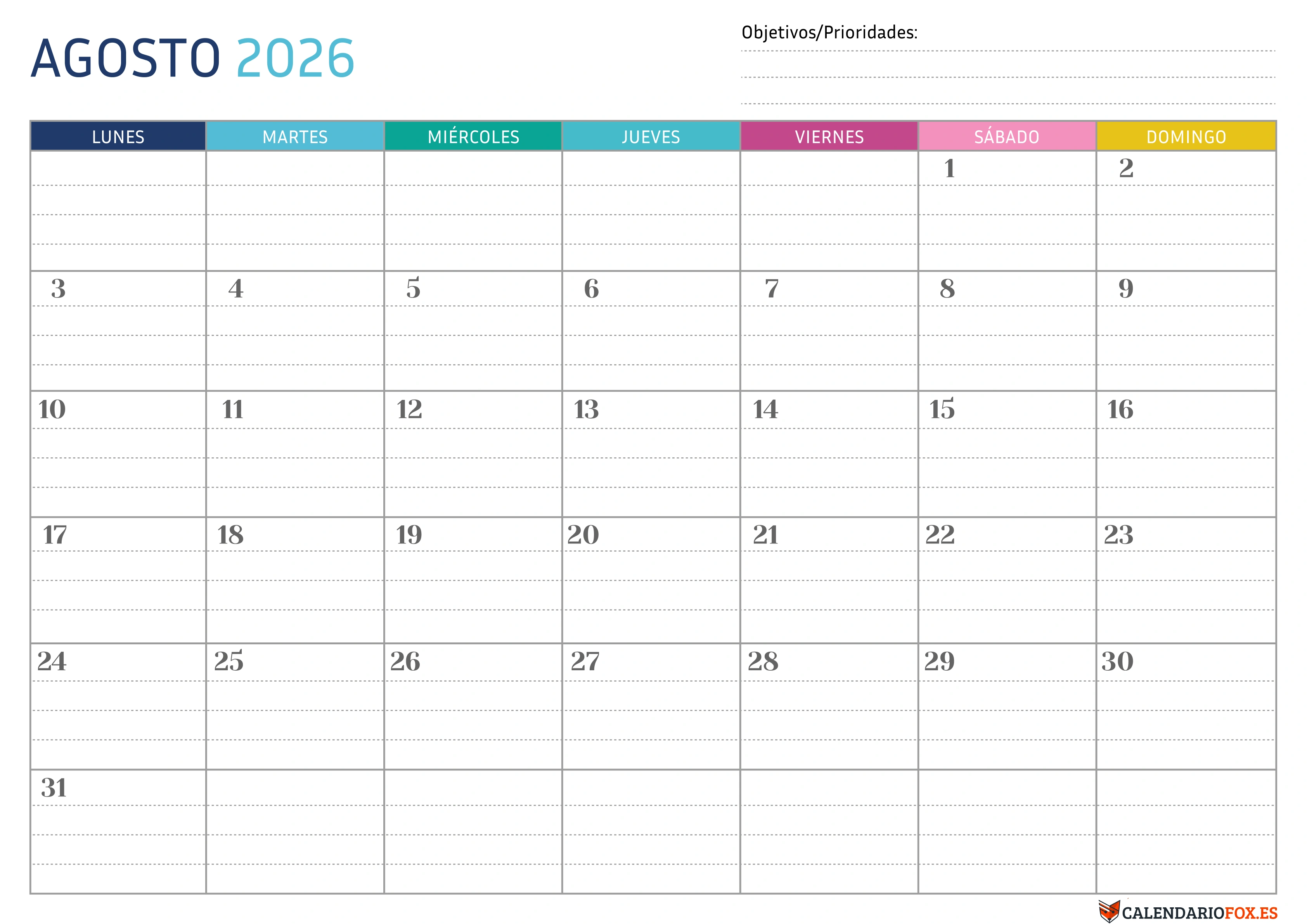 Calendario Enero 2026 Punteado