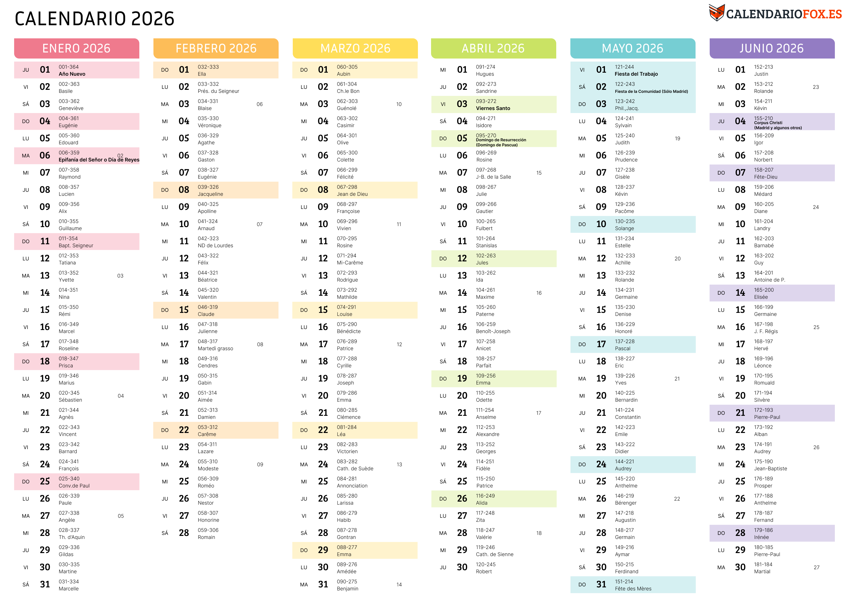 Calendario Anual 2026 Colorida