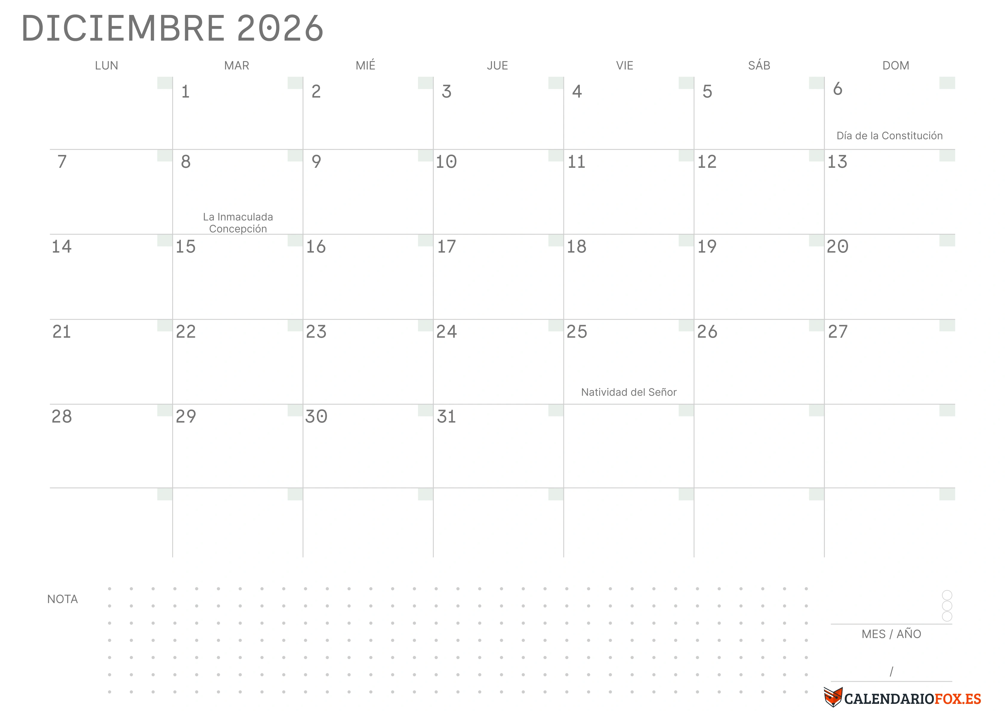 Calendario Diciembre 2026 en Blanco