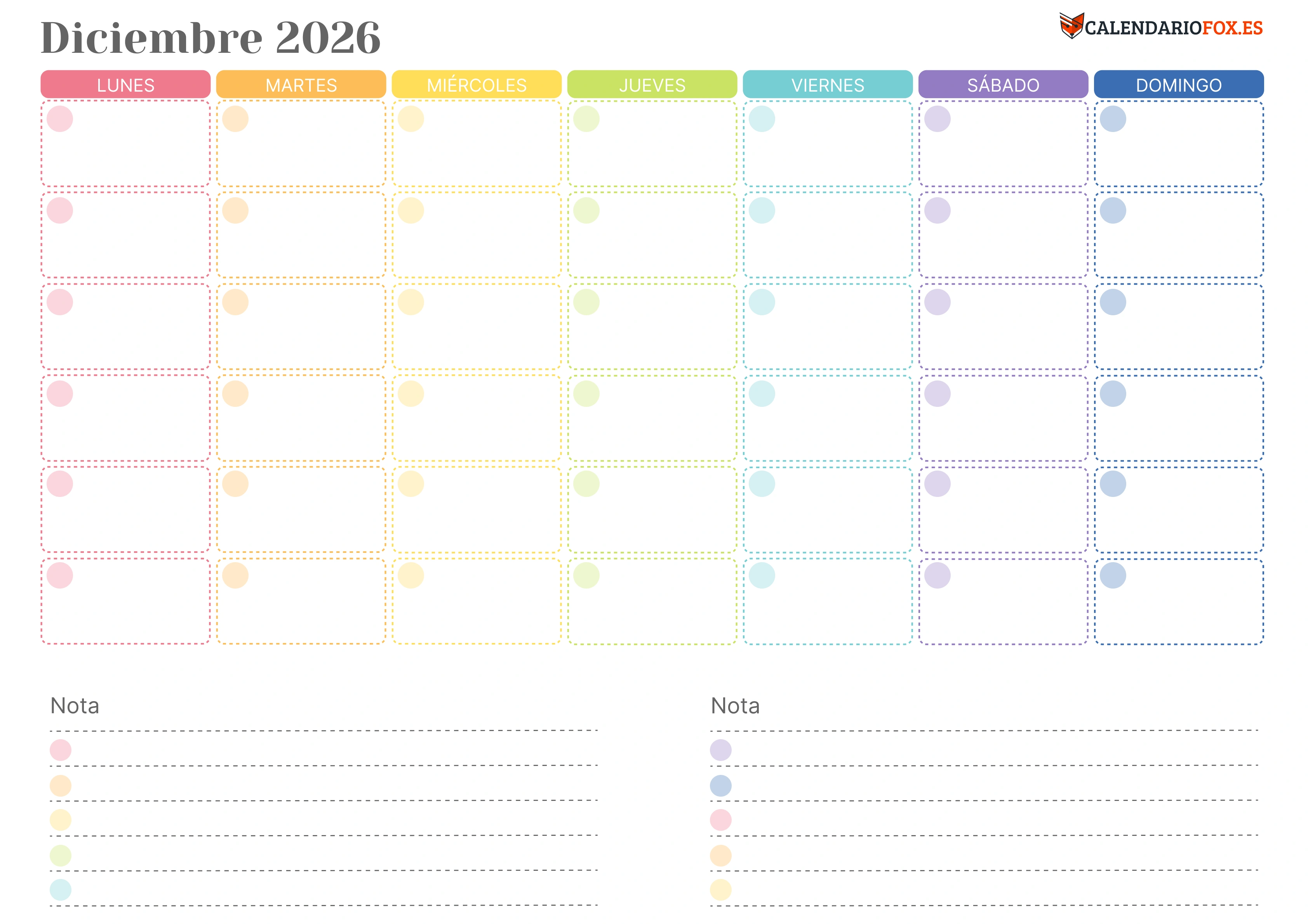 Calendario Diciembre 2026 Colorido