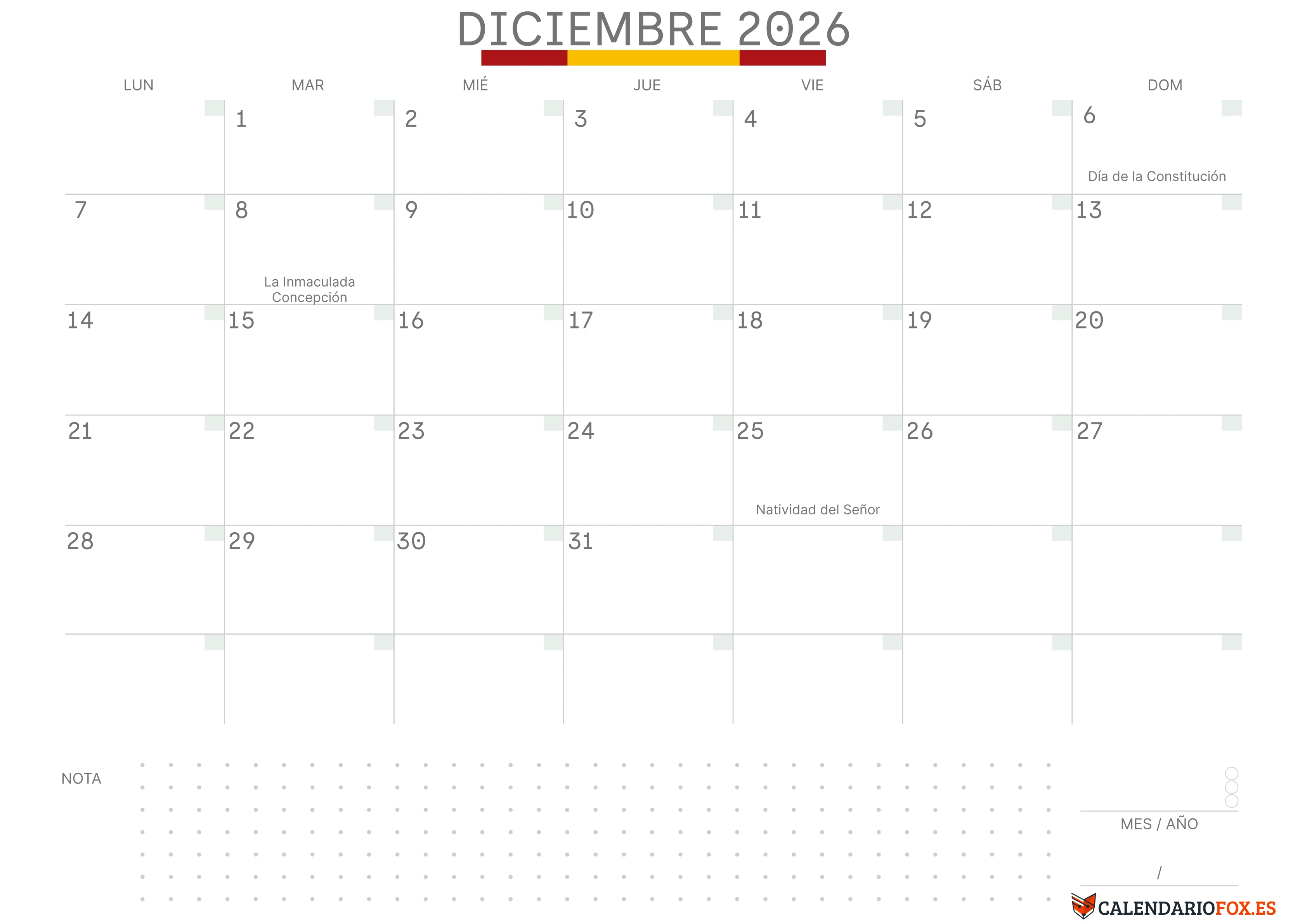 Calendario Diciembre 2026 con Bandera de España