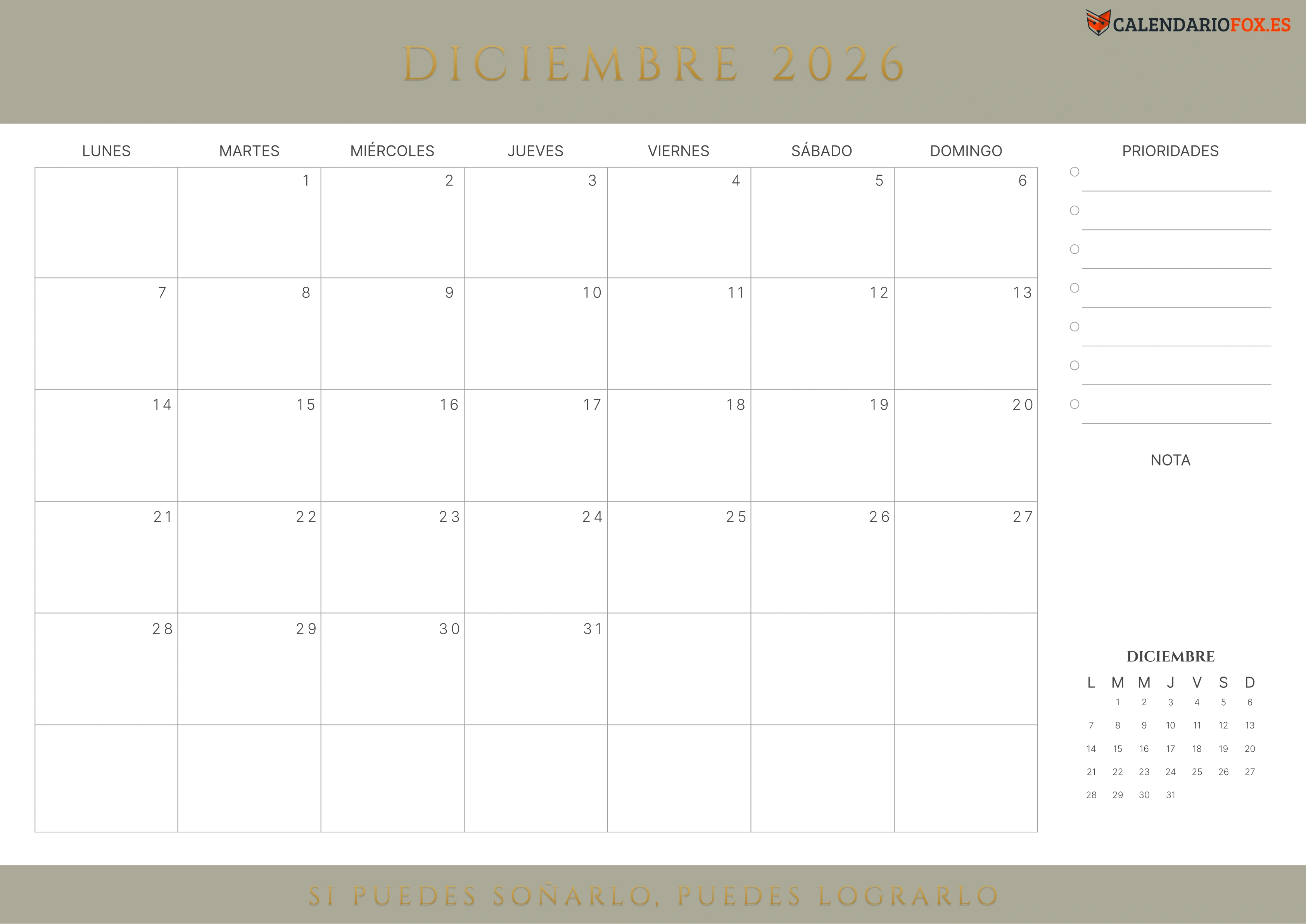 Calendario Diciembre 2026 con Citas
