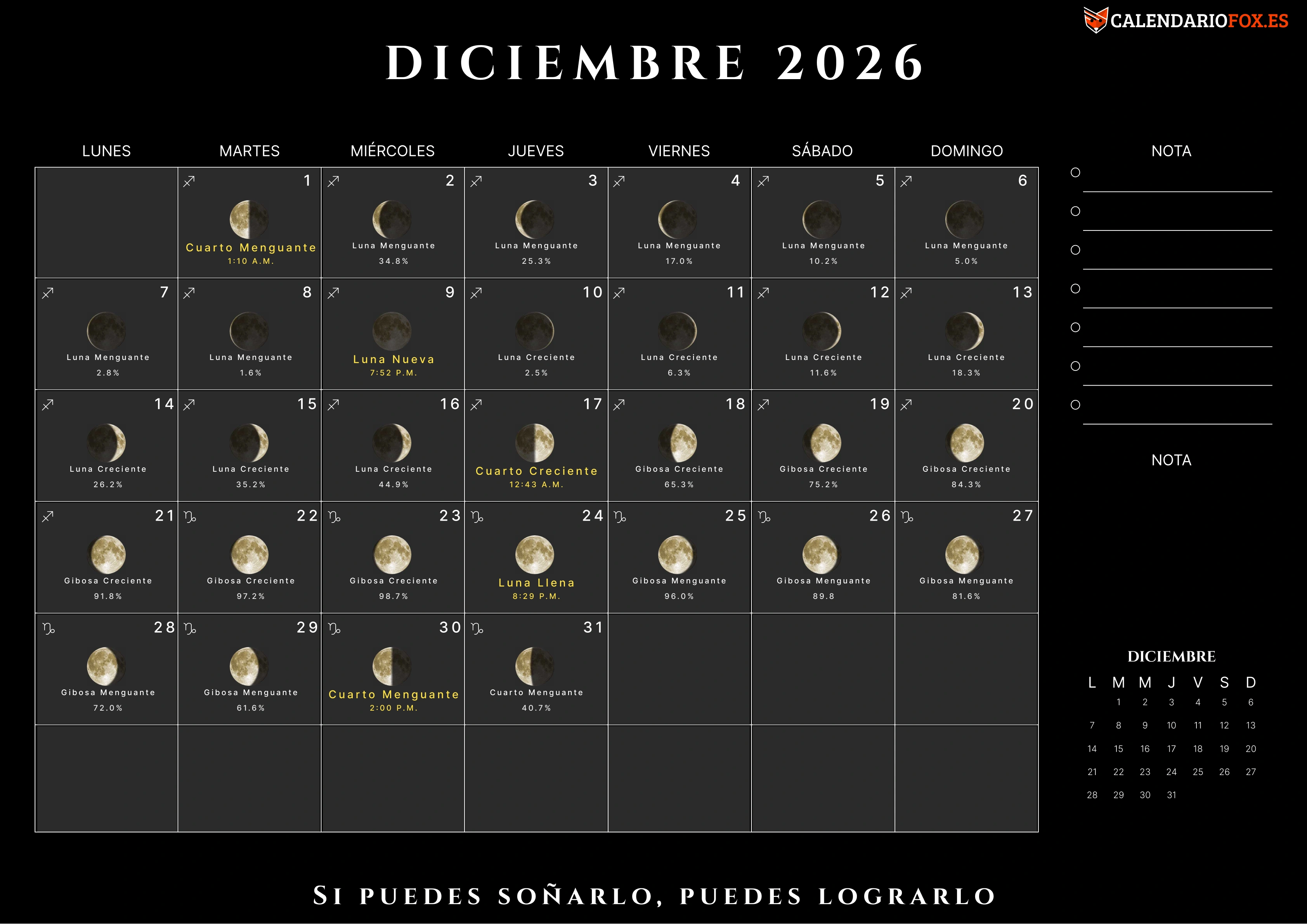 Calendario Diciembre 2026 con Fases Lunares
