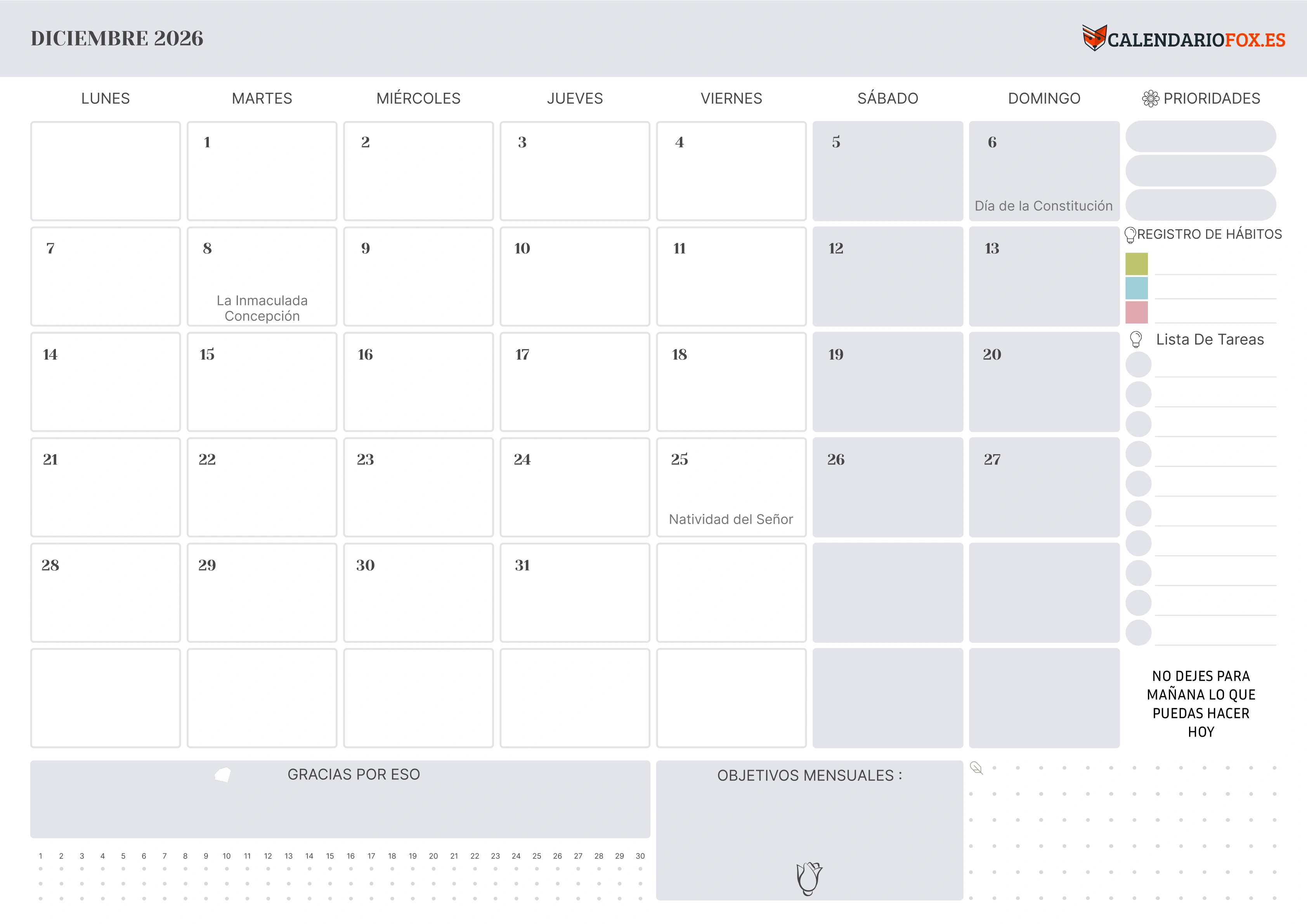 Calendario Diciembre 2026 con Festivos