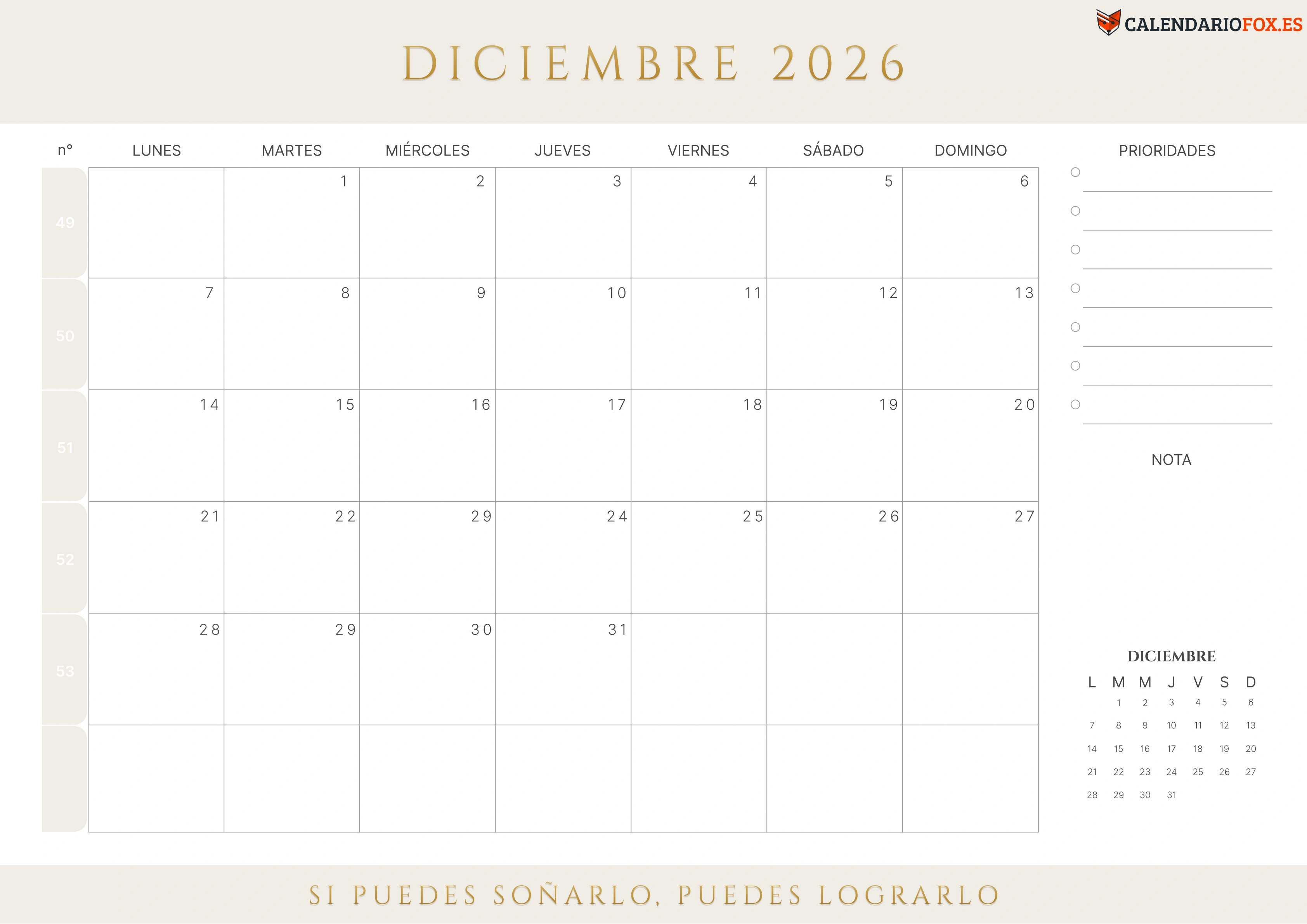 Calendario Diciembre 2026 con Semanas