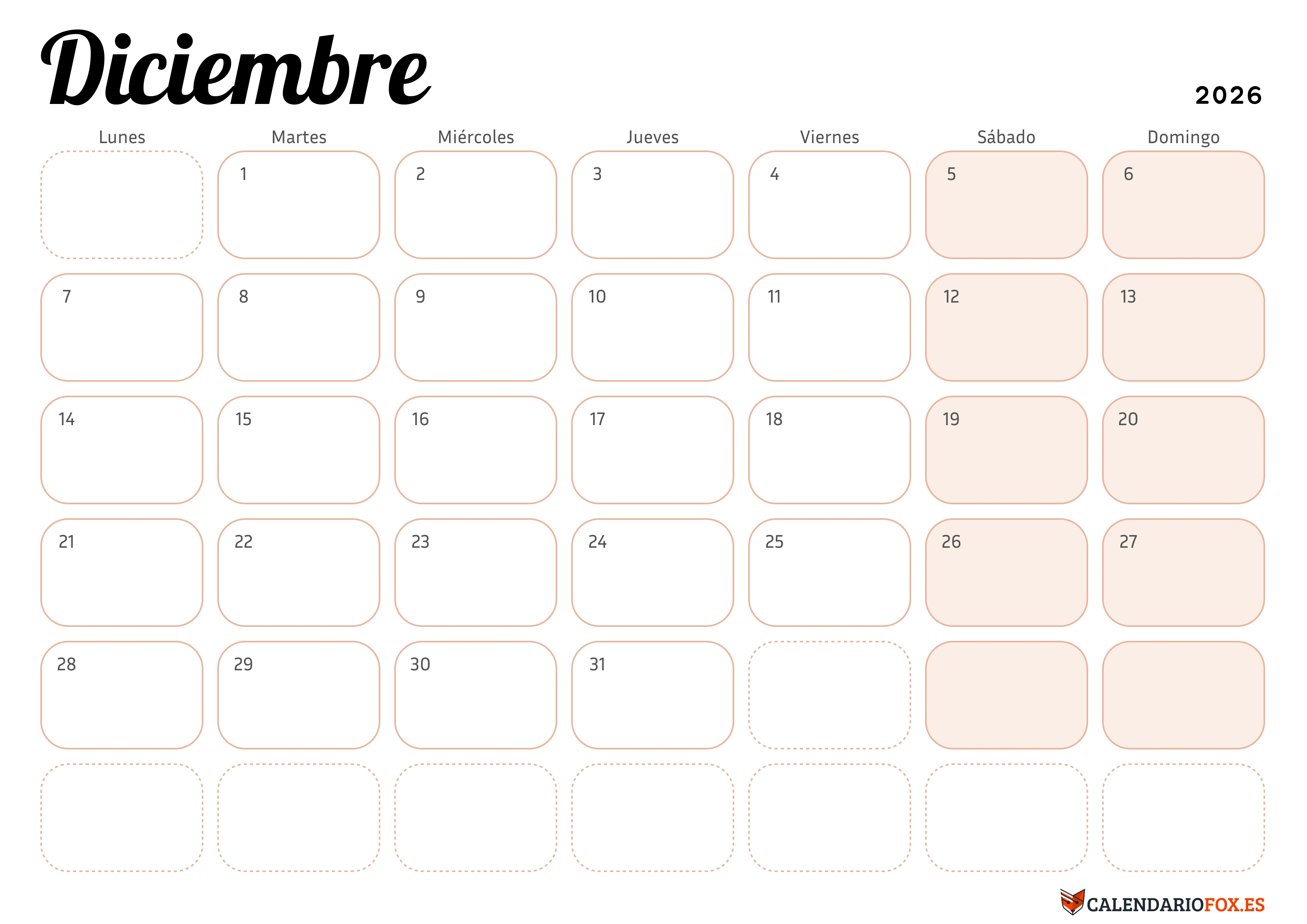 Calendario Diciembre 2026 Elegante