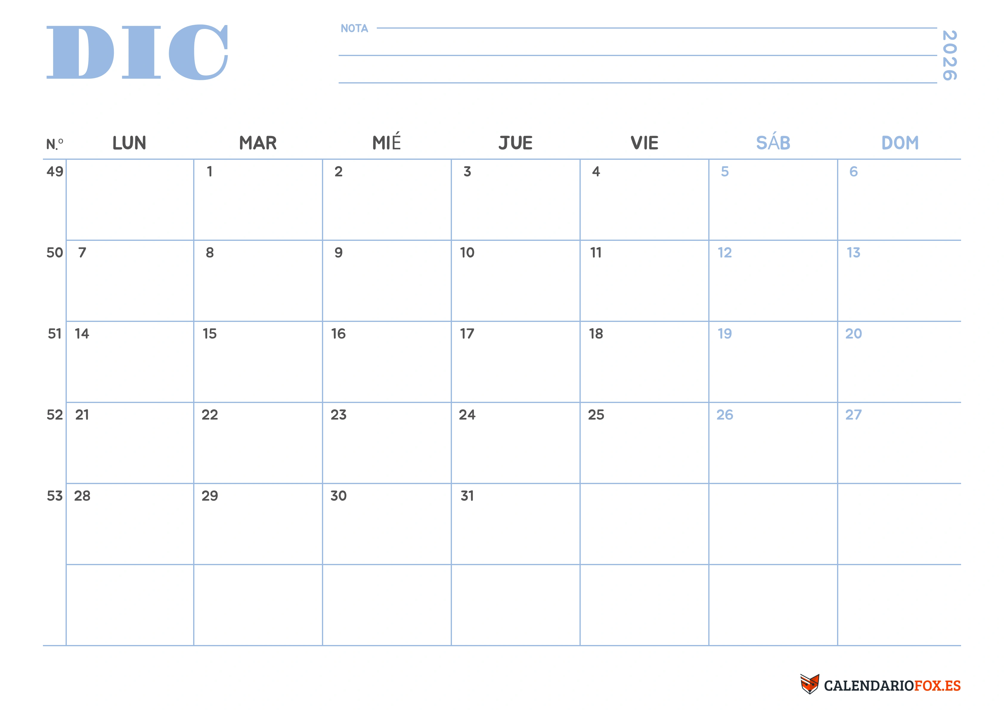 Calendario Diciembre 2026 Minimalista