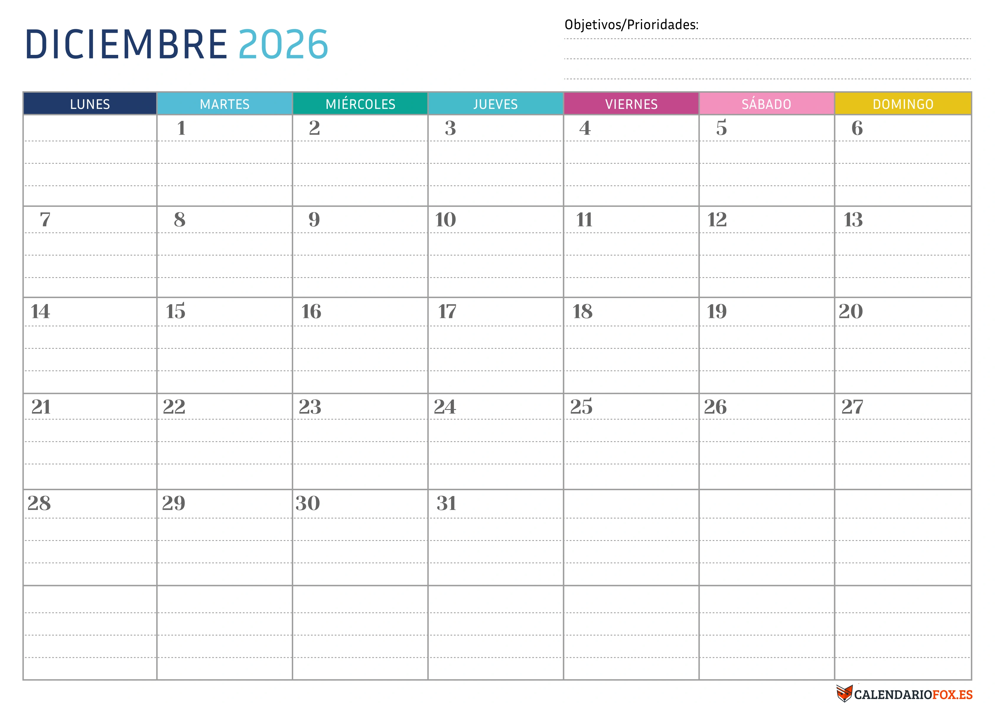 Calendario Diciembre 2026 Punteado