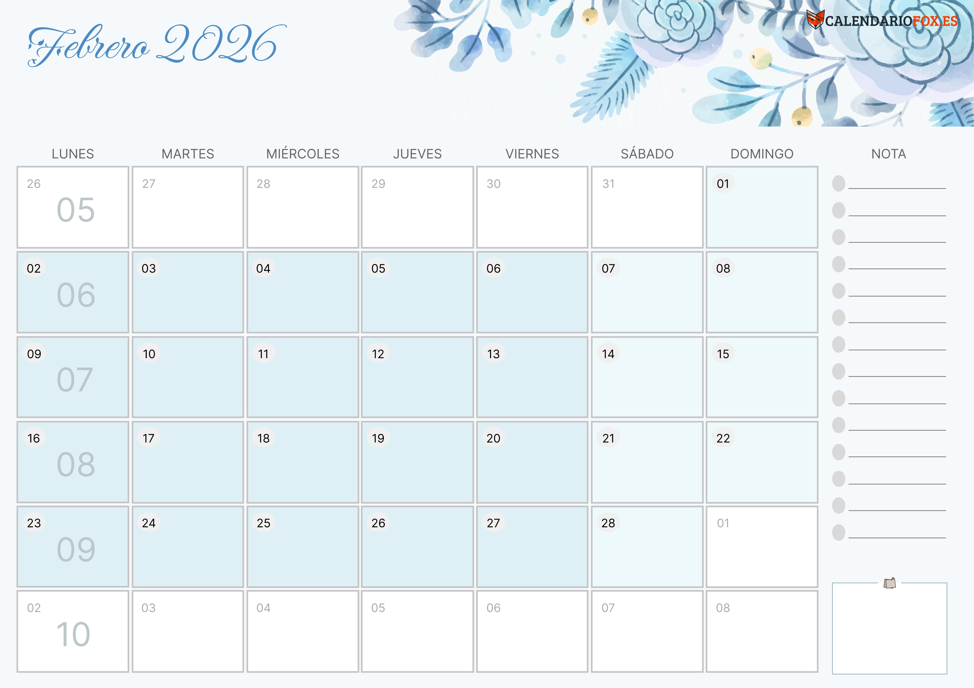 Calendario Febrero 2026 Aesthetic